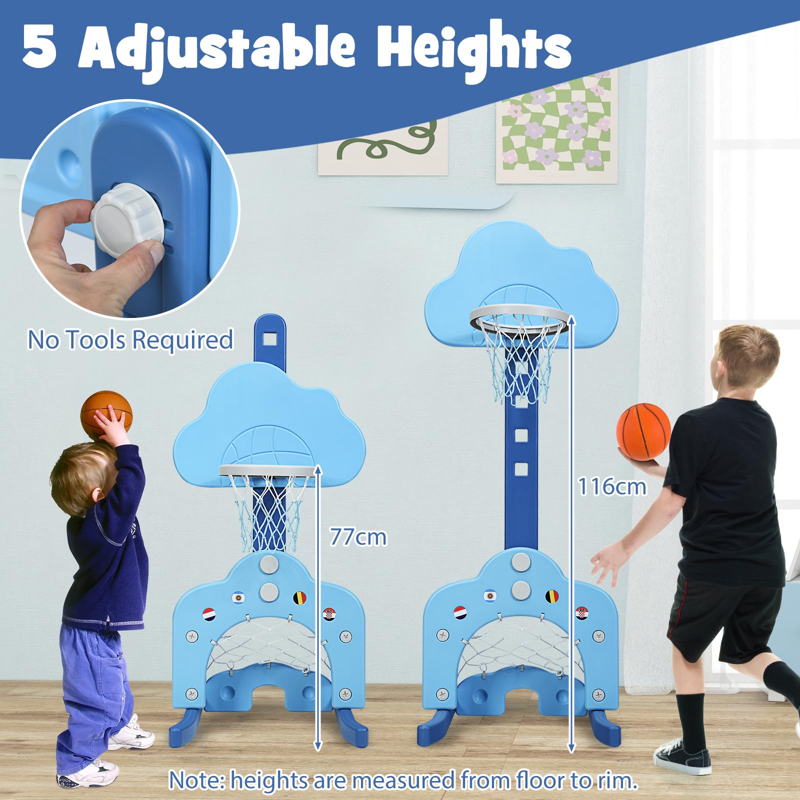 HOMASIS 3 en 1 Canasta Baloncesto Infantil para Exterior and Interior, Juguetes Deportivos Niño 3-7 Años con Altura Regulable 77-116 cm, para Juego de Baloncesto, Fútbol y Golf (Azul)