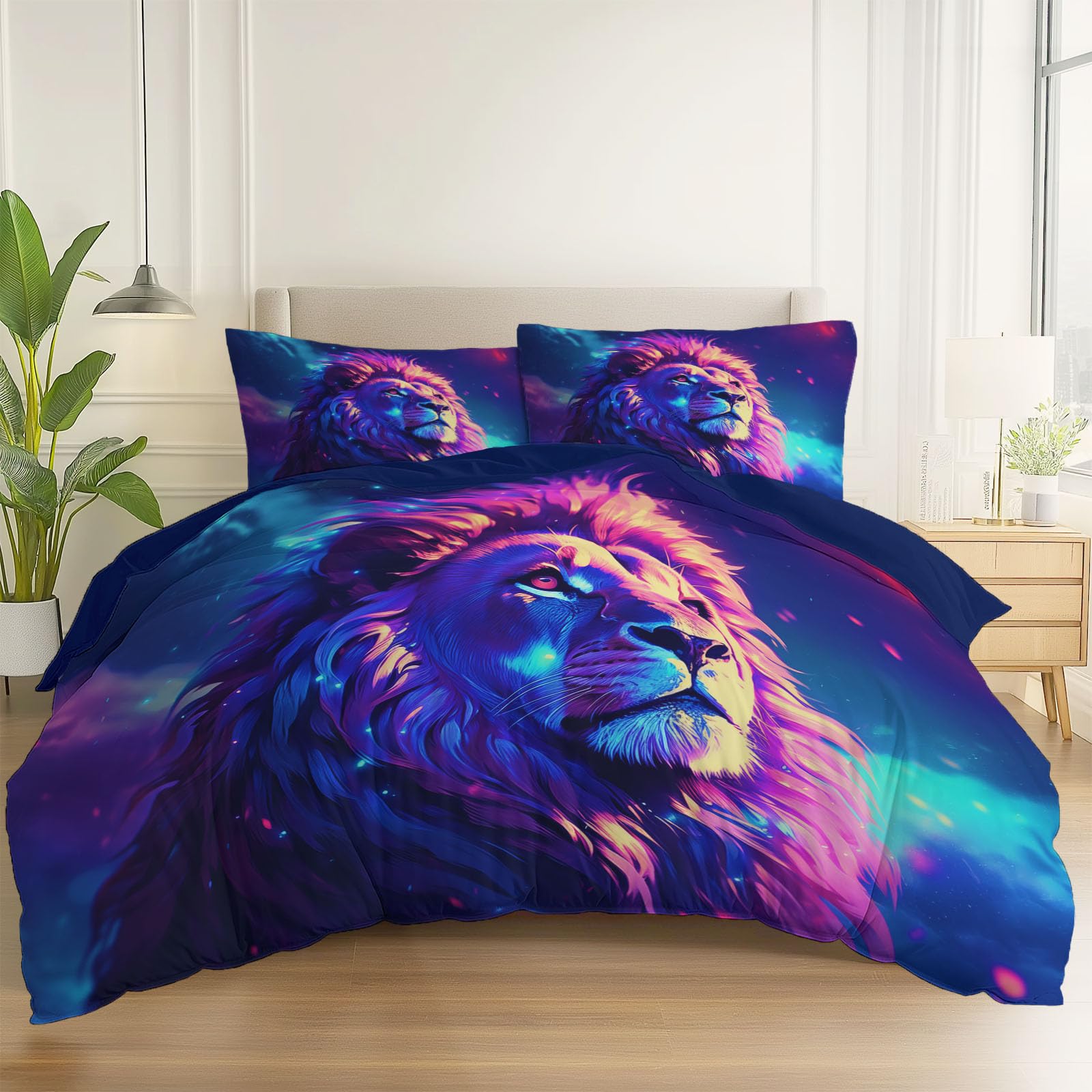 Animaux Dégradé Lion Housse de Couette 140 x 200 cm avec Taies d'oreiller, Illustration Rêveuse Bleu Foncé 100% Microfibre Parure de Lit, pour Enfants garçons