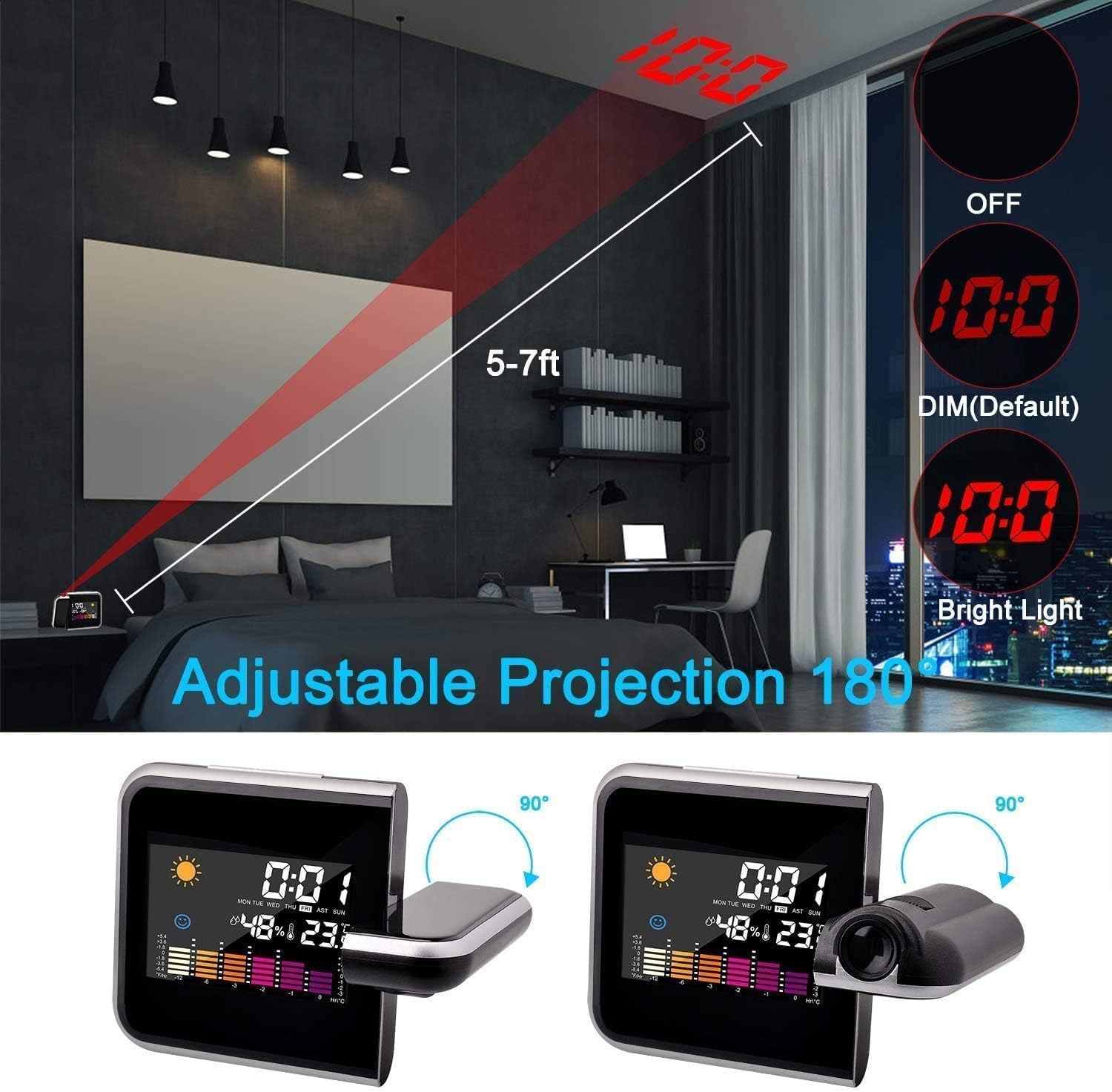 Sveglia Con Proiettore LED Sveglia Digitale Da Comodino Con Proiettore Stazione Orologi a Proiezione Tempo LCD Display Temperatura E Data Snooze Ricarica Usb 12&24h Per Camera Da Letto Ufficio Cucina