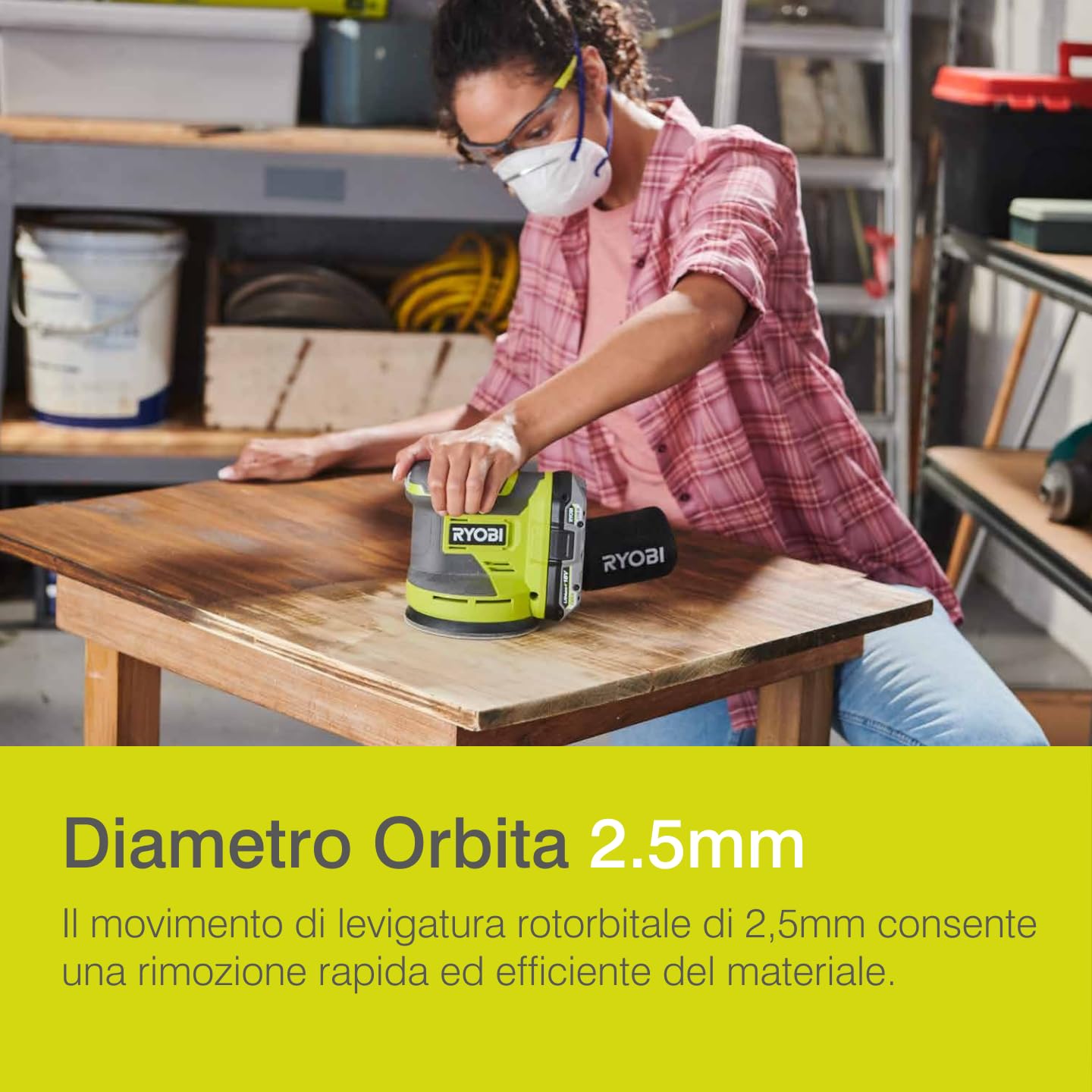 Ryobi Levigatrice Rotorbitale 18V ONE+, Diametro Disco 125mm, Velocità 10.000 Giri/Minuto, Diametro Orbita 2.5mm, 20.000 Oscillazioni al Minuto, Senza Batteria e Caricatore, RROS18-0