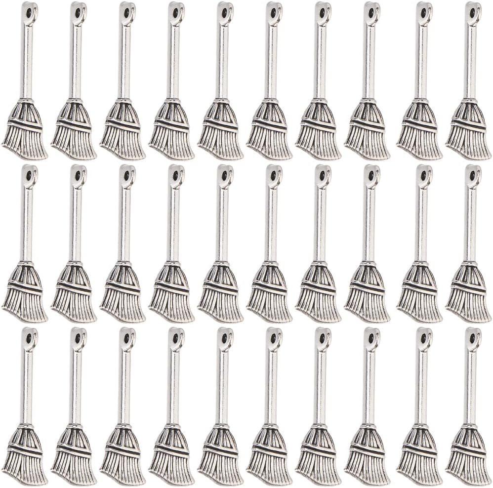 SUNNYCLUE 1 Box 70Pcs Broom Charm Bulk Witch Broom Charms Antique Tibetan Silver Small Halloween Prop Broomstick Cleaning Tools Pendants for Jewelry Making Supplies Crafts DIY Necklace Earrings Women