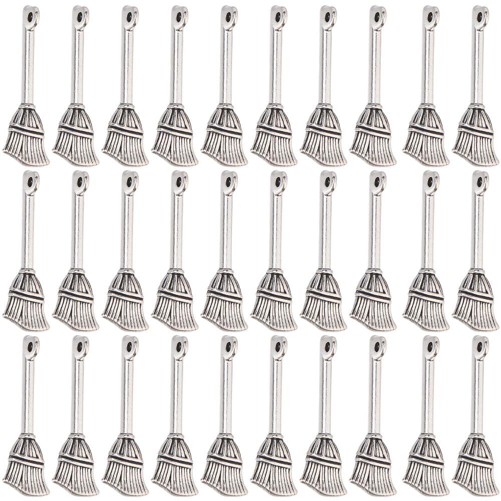SUNNYCLUE 1 Box 70Pcs Broom Charm Bulk Witch Broom Charms Antique Tibetan Silver Small Halloween Prop Broomstick Cleaning Tools Pendants for Jewellery Making Supplies Crafts DIY Necklace Earrings