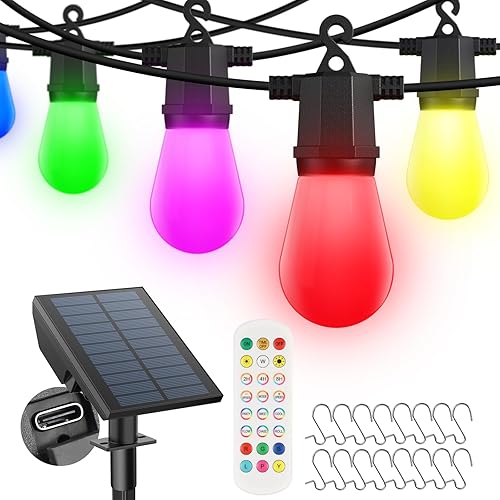 Tira de luces solares para exteriores, cadena de luces que cambian de color de 48 pies con 16 bombillas LED inastillables y control remoto, luces