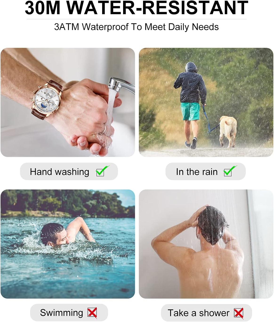 Diagram illustrating 30M water resistance: suitable for hand washing and rain, not for swimming or showering.