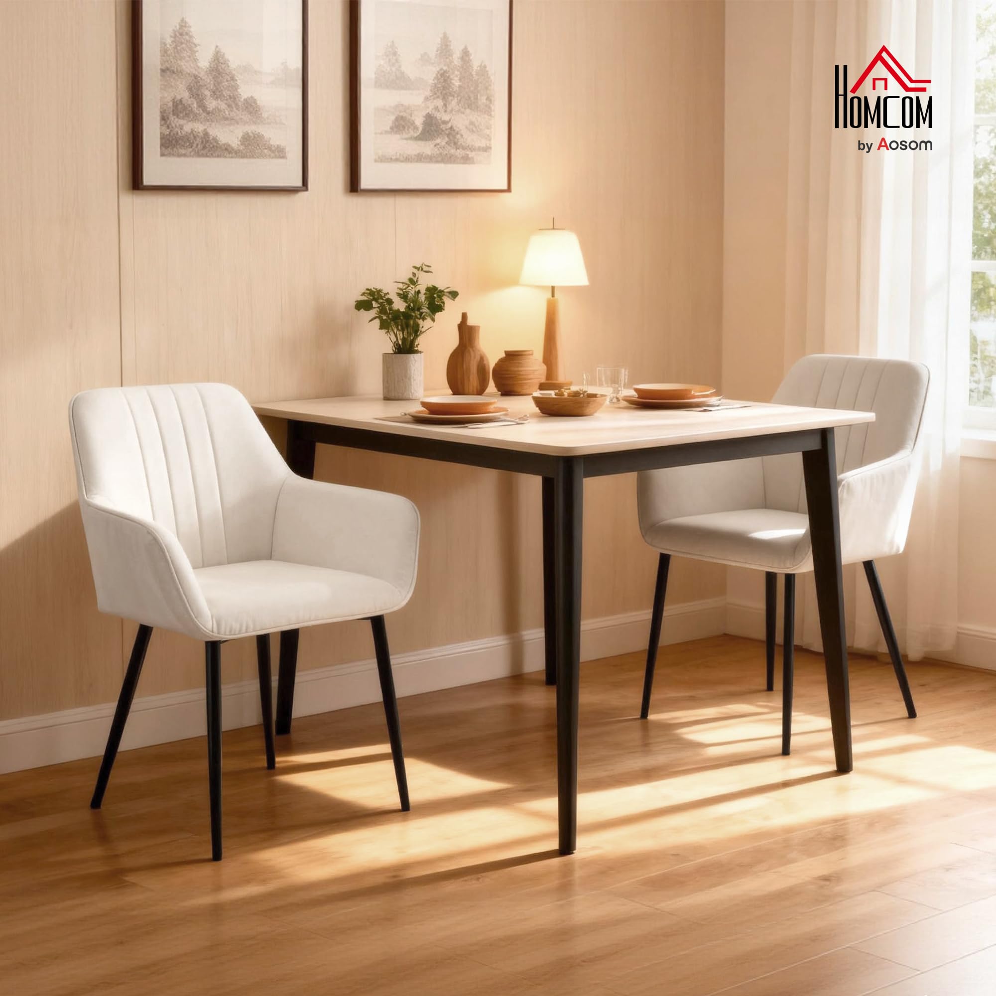 HOMCOM Pack de 2 Sillas de Comedor con Asiento Acolchado Beige | Sillas de Cocina Modernas, Tapizado, Respaldo Curvo, Reposabrazos, Patas de Metal, para Salón