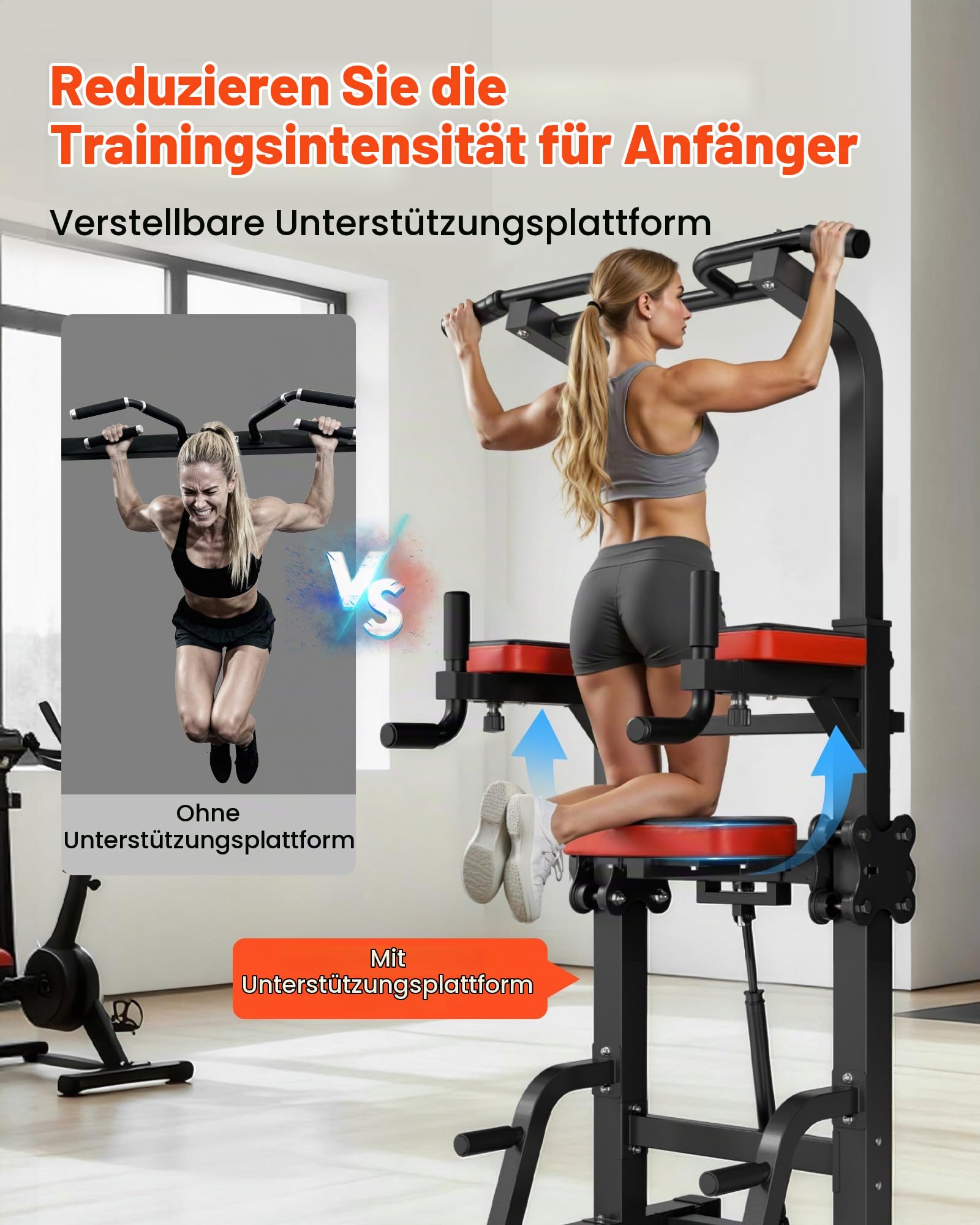 VEVOR Klimmzugstange Klimmzugstation Power Dip Station mit 150 kg Tragkraft & H-Rahmenkonstruktion stabilem Sockel & Unterstützungsplattform, 9-fach höhenverstellbar, Training von Armen Rücken