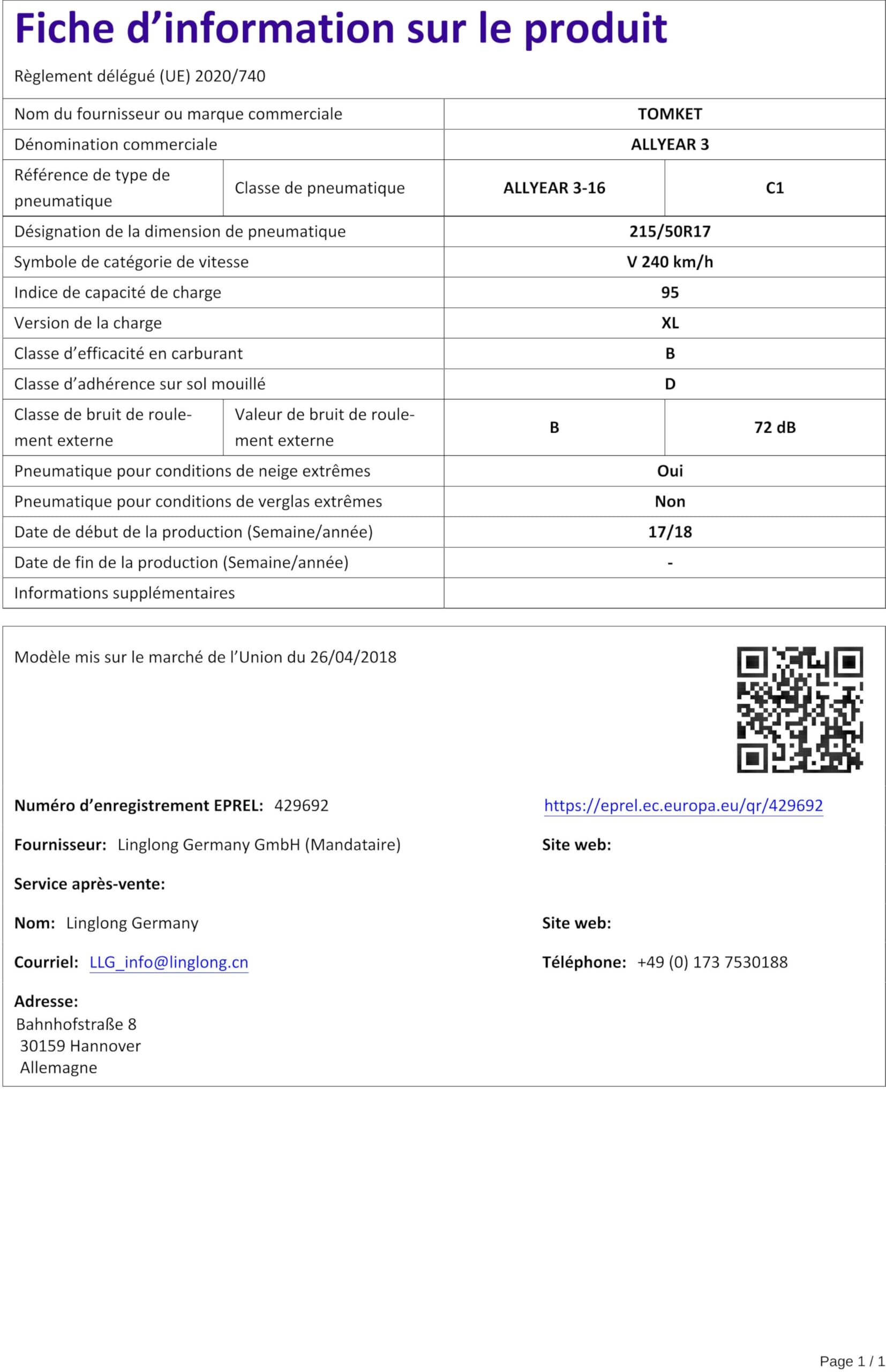 TOMKET ALLYEAR 3 XL 215/50/r17 95 V