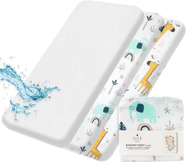 Organic Cotton GOTS Fitted Sheets 2+1 Waterproof Protector Compatible Next2me, Snuzpod and All Bedside Cribs, bassinets up to 90x55cm Pack of 3 Pieces