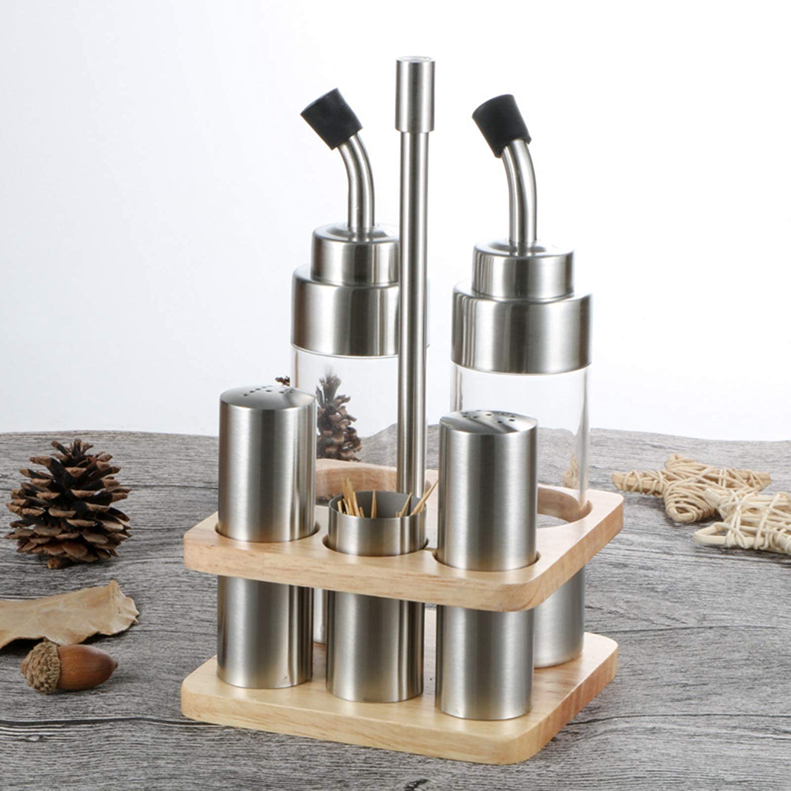 BERTY·PUYI Set Per Bottiglie Per Condimenti Con Base In Legno 5 Pezzi, Per Sale, Pepe, Aceto, Olio, Supporto Per Dispenser Aceto/Olio, Macina Sale, Macina Pepe.