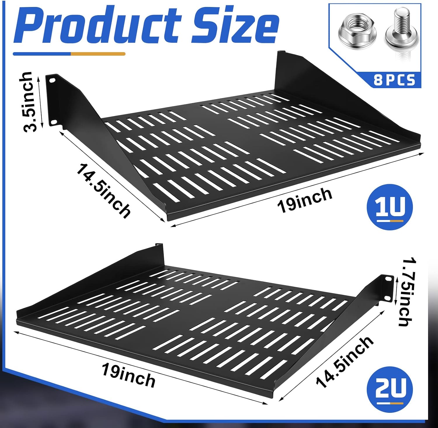 2 Pcs 1U 2U Server Rack Shelf Universal Vented Rack Mount Shelf 19 Inch Network Server Mounting Tray for Air Circulation Network Equipment and Cabinet Wall Mount, 14.5 Inch Deep