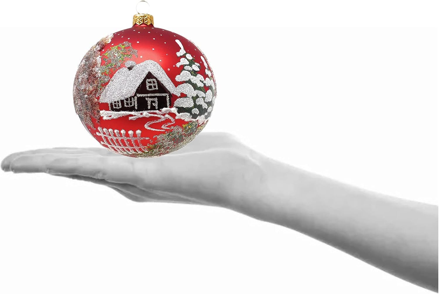 Christmas Ornament Countryside Church and Log Houses Landscape Blown Glass Ball Red Matte 5-inch Ø / 120mm