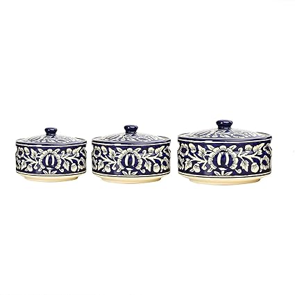 Caffeine Ceramic Handmade Blue Mughal Serving Donga with lid (Set of 3, 1 Large, 1 Medium, 1 Small)