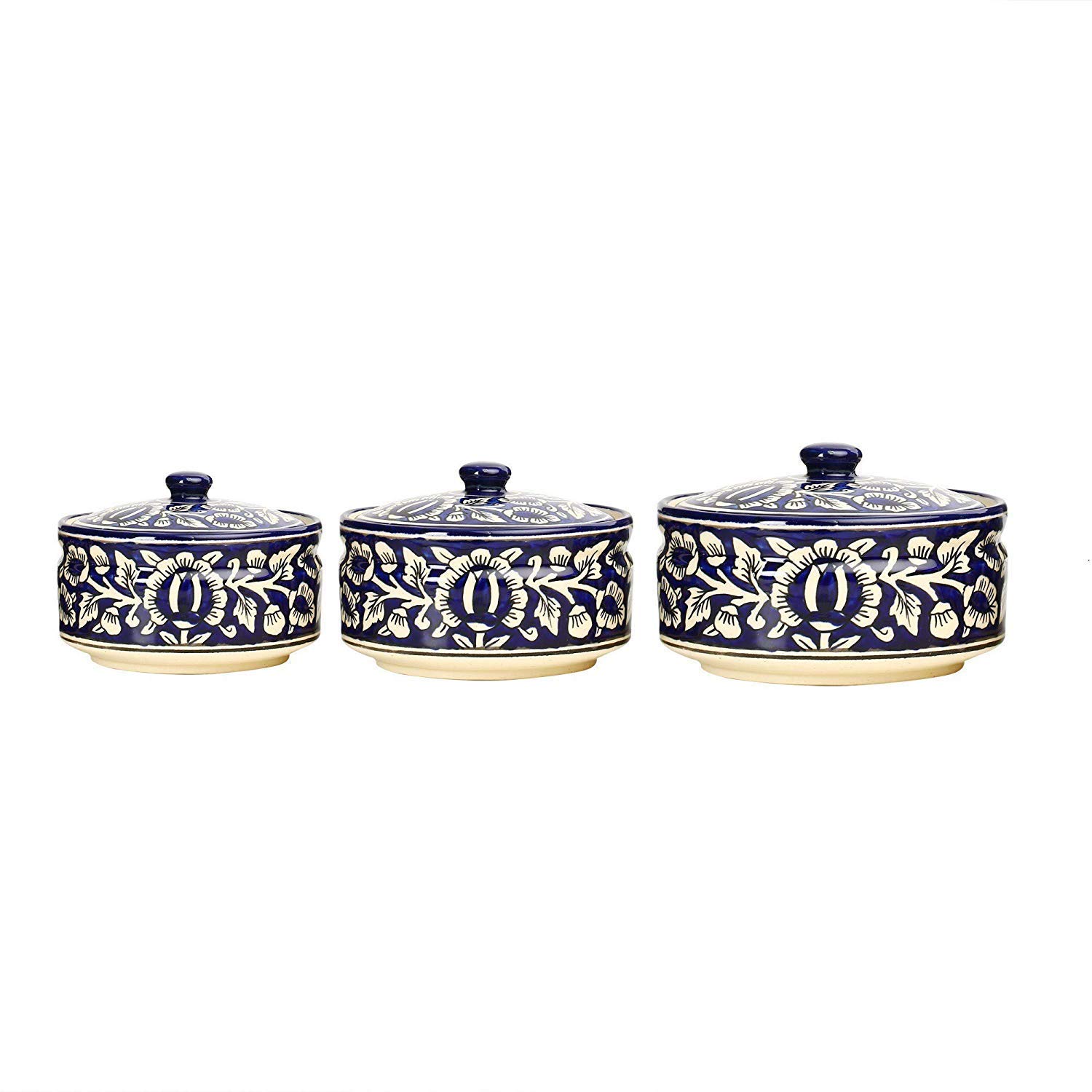 Caffeine Ceramic Handmade Blue Mughal Set of 3(1 Large, 1 Medium & 1 Small)