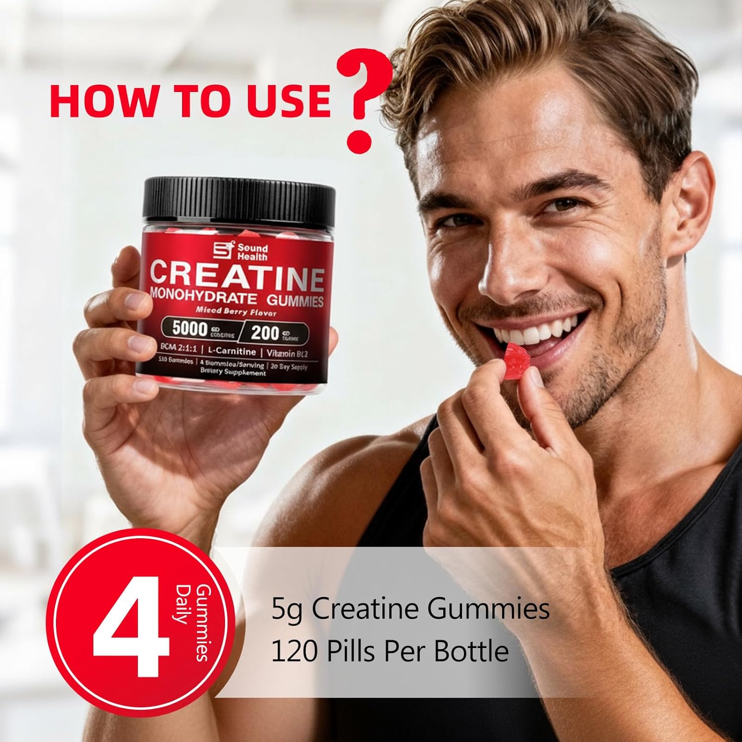 4 in 1 Creatine Gummies, 6000mg Mixed Berry Flavor Organic Creatine Monohydrate Gummies for Women & Men Sugar Free Nutritional Supplements with L-Carnitine, BCAA 2:1, B12, 120 Count - Image 5