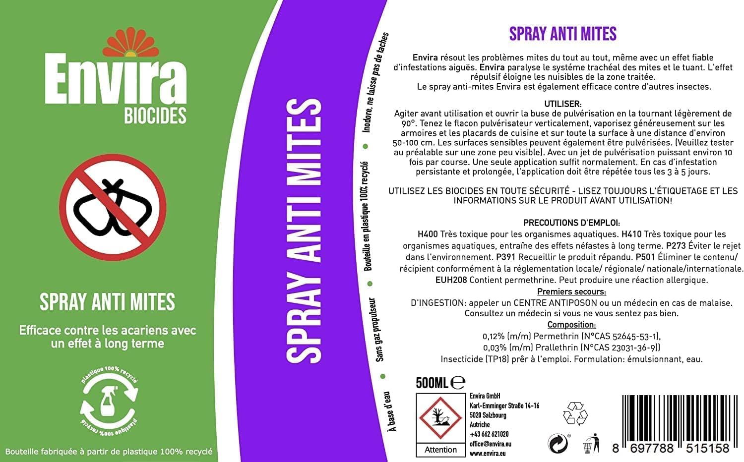 Envira Spray Anti-Mites - Anti-Mites à Action Longue Durée - anti mites alimentaires - sans Odeur & A Base d'eau - 2 L