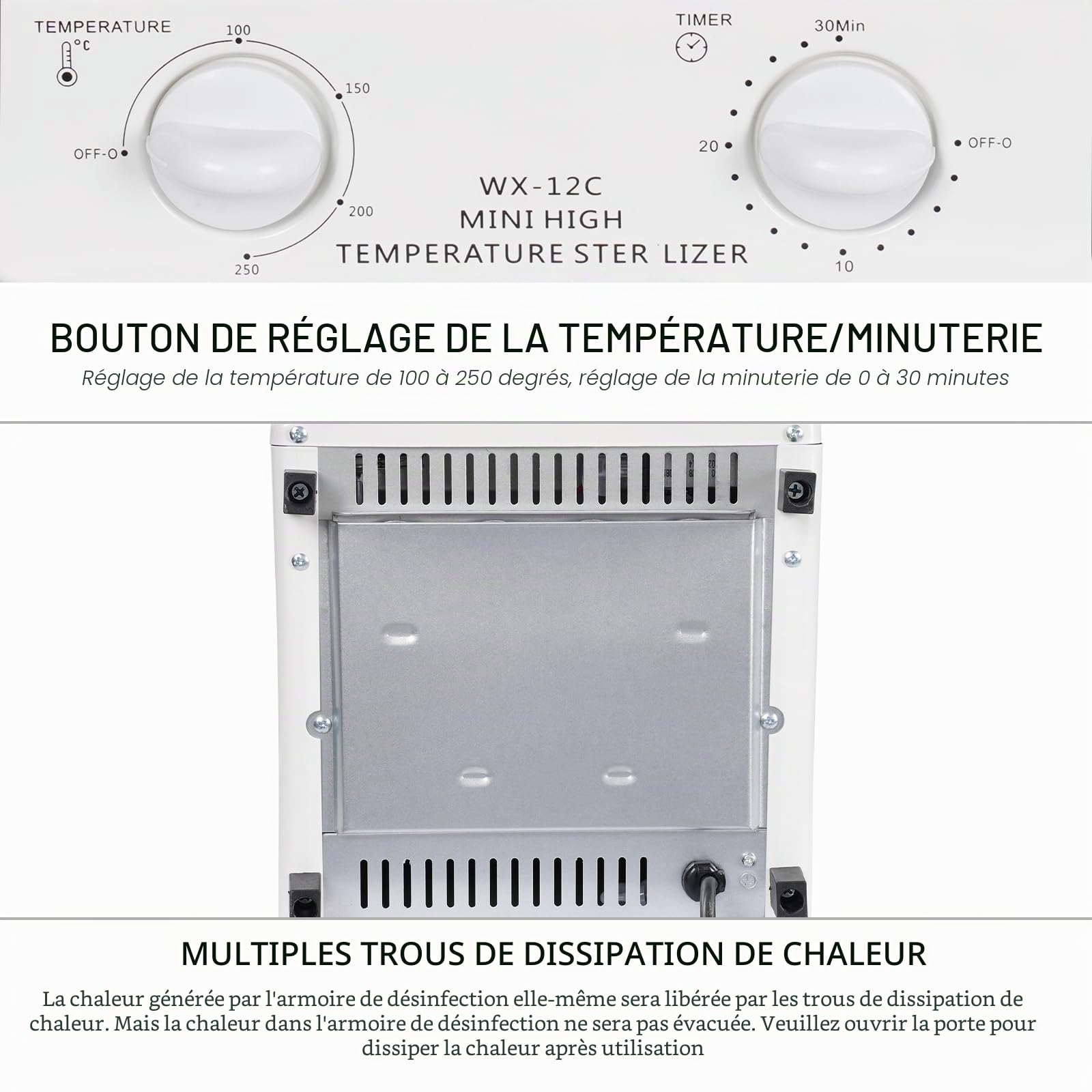 Stérilisateur autoclave de grande capacité de 12 l pour instruments - Désinfectant à haute température - Chaleur sèche - Stérilisateur avec plateau - Pour manucure, soins dentaires et coiffeurs