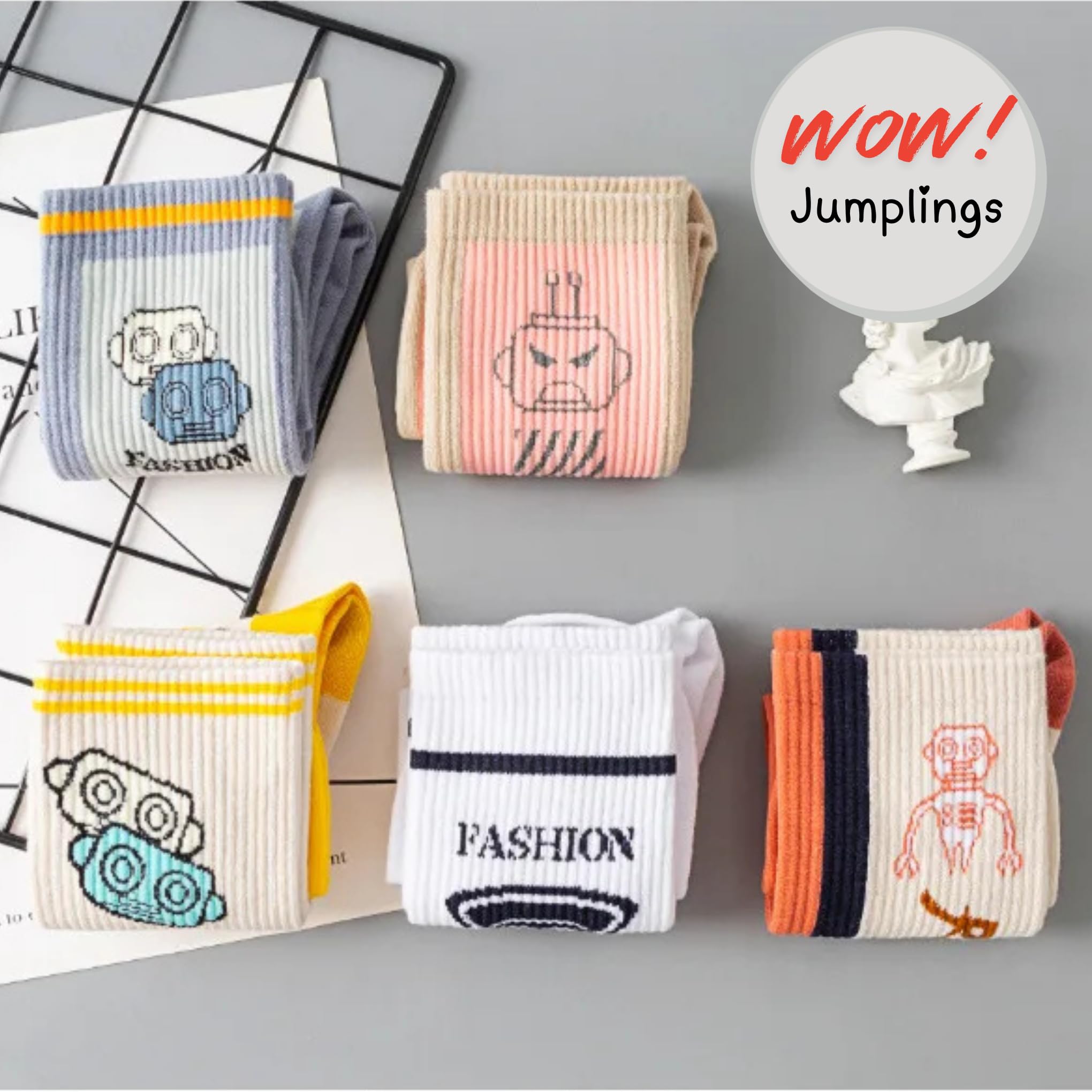 Jumplings Korean or Japanese college-style crew socks, playful robot and cartoon-themed sports and casual fashion socks. Pack of 5 2