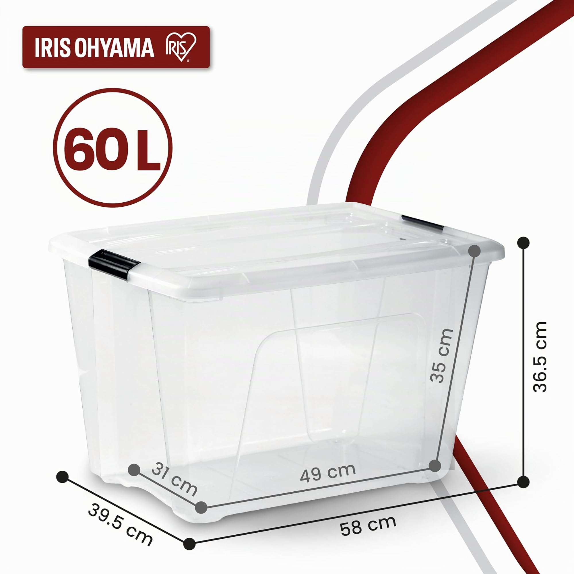 Iris Ohyama 4 Cajas de Almacenaje Plastico con Tapa, 60L, Transparente, Clips de Cierre, Duradero, Apilable, para Dormitorio, Armario, Oficina, Organizadora, Ropa, Libre de BPA, NTB-60