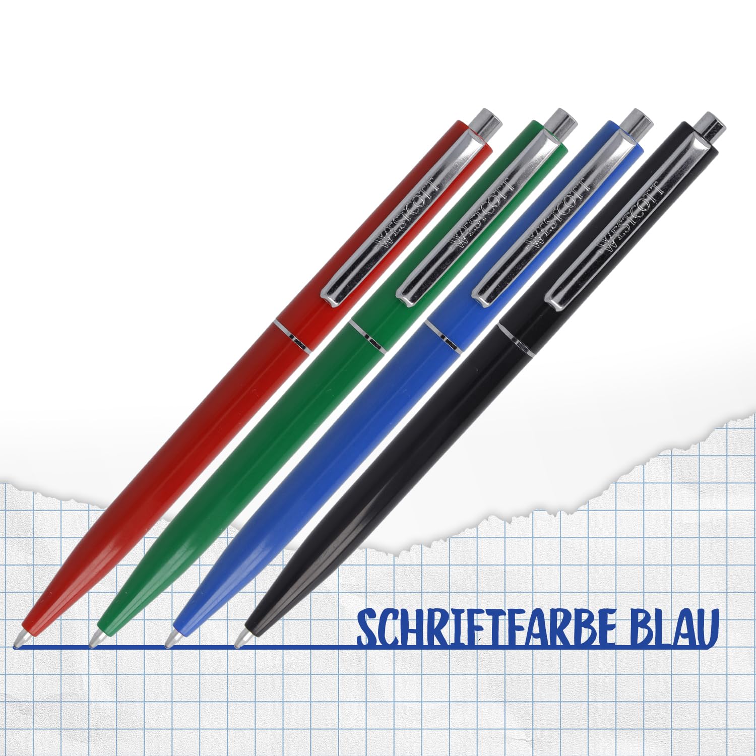 Westcott Kugelschreiber ALLTIME Mix 50 Stück | Vorteilspack Druckkugelschreiber mit blauer Tinte | Strichstärke M mit X20 Standardmine | Dokumentenecht ISO 12757-2 | Stabiler Metallclip | E-737487 00