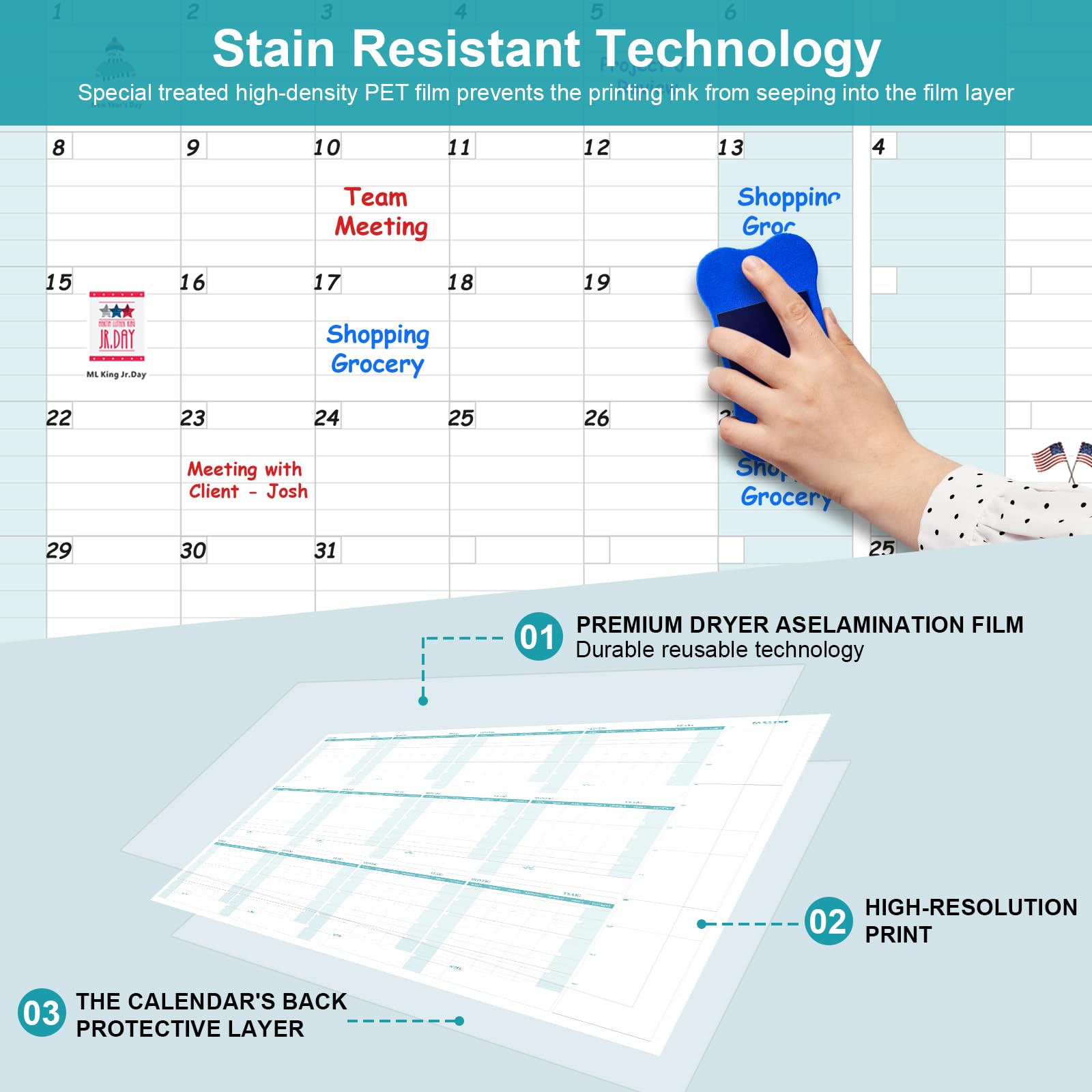 Yearly Wall Calendar - 58"x38" Large Wet Dry Erase Calendar for Wall, 12-Month Reusable Calendar Laminated Task Organizer with Magnetic Board Eraser 16 Stickers 6 Markers for Office Classroom Home