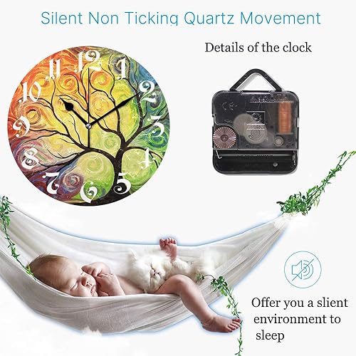 Miniatura 3 de Wamika Reloj de pared, árbol de la vida, ramas de arco iris, hojas, flores de temporada, reloj redondo, silencioso, sin tictac, decorativo