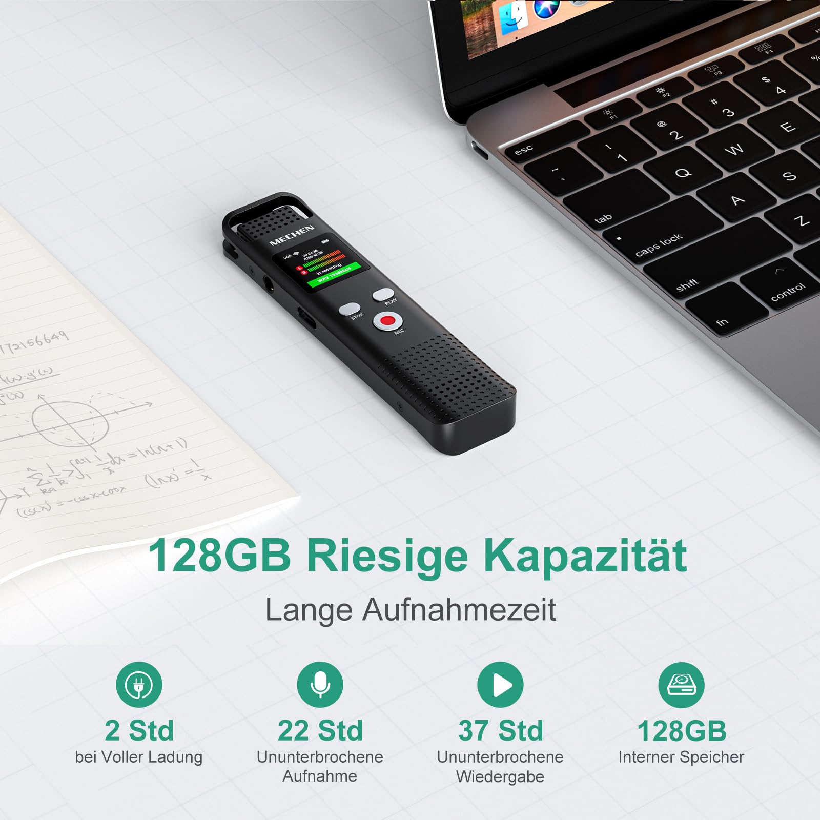 MECHEN 128GB Digitales Diktiergerät, 1536kpbs Voice Recorder (V02-A1)