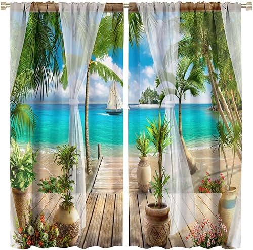 Cortinas de paisaje, ventana tropical con vista al mar, océano, playa, barco, cortinas con estampado de palmeras para dormitorio, sala de estar,