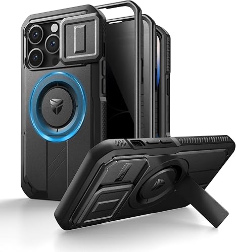 Vista 42 de Dexnor - Funda para iPhone 14 Pro Max con tapa deslizante para cámara, soporte ajustable y protector de pantalla integrado, carcasa magnética Negro