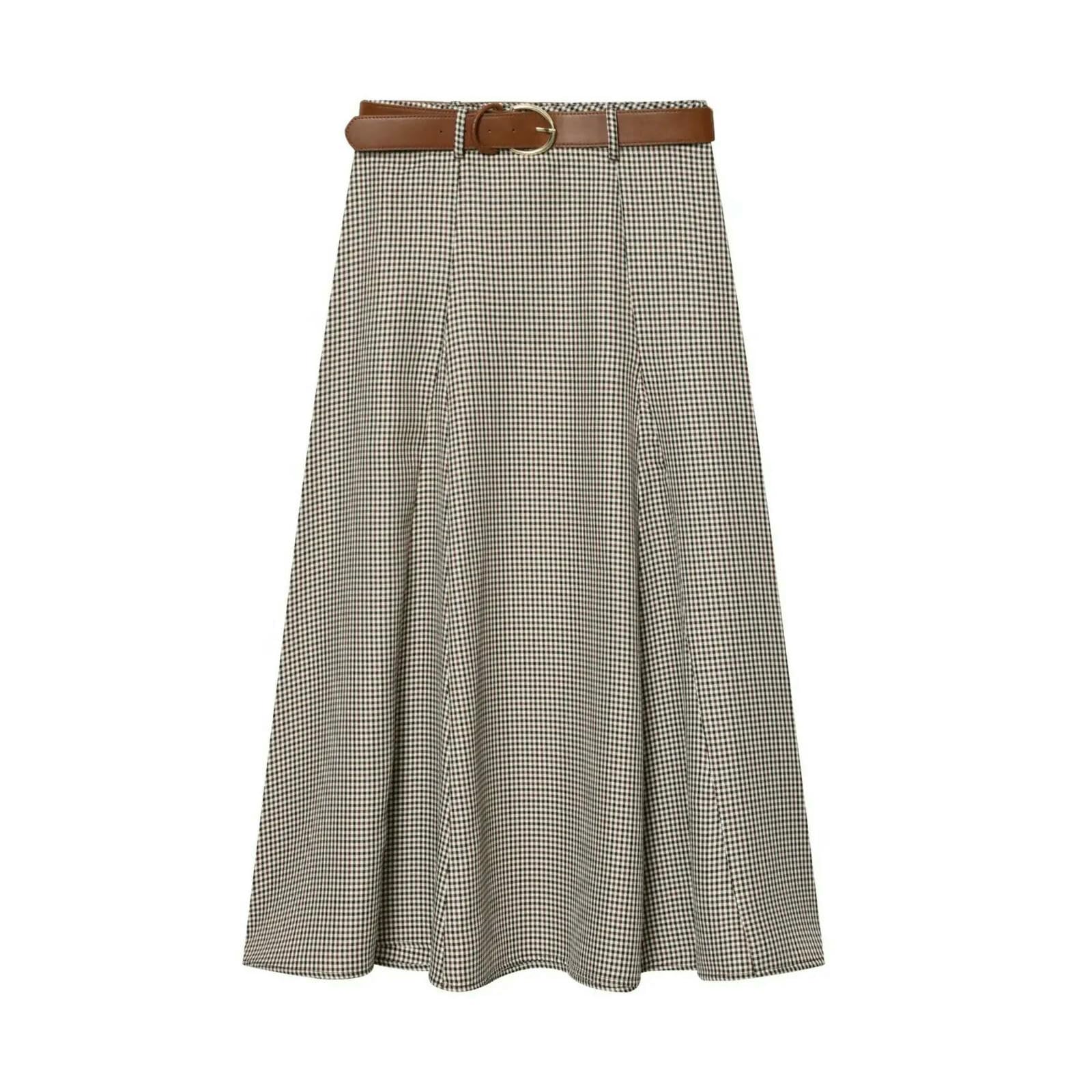 Gonna Lunga Longuette Scozzese da Donna A Trapezio con Cerniera Laterale Vintage Cintura Abbigliamento Elegante Stile Street-1-m