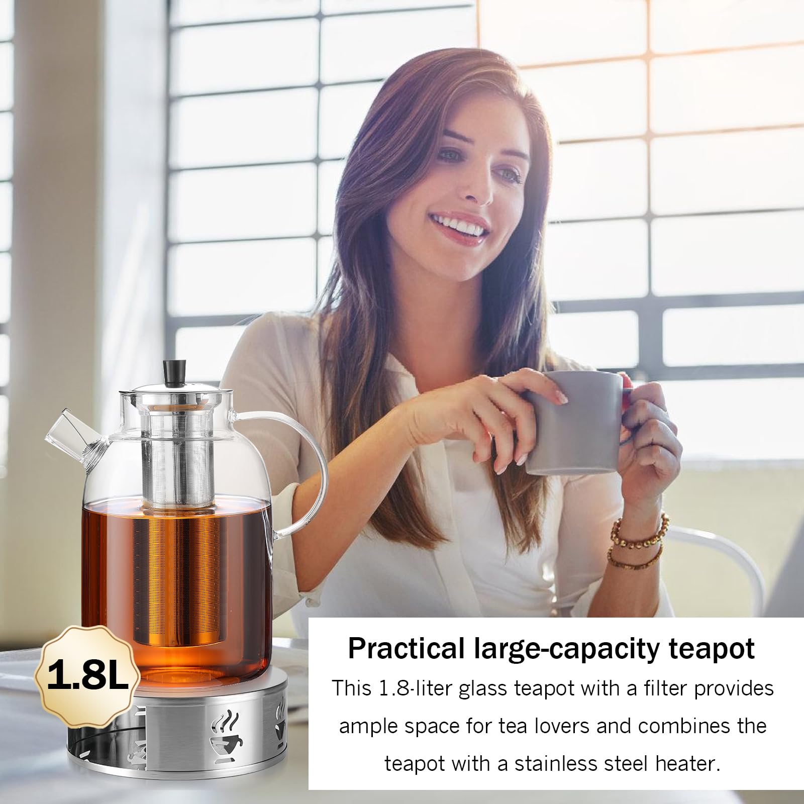 BAIFULAI 1,8L Teekanne Glas mit Siebeinsatz, Edelstahl Erhitzer Teekocher Kanne Set aus Borosilikatglas Teekanne mit Stövchen für Teelicht Teesieb Teekann Teapot mit Teebereiter und Sieb