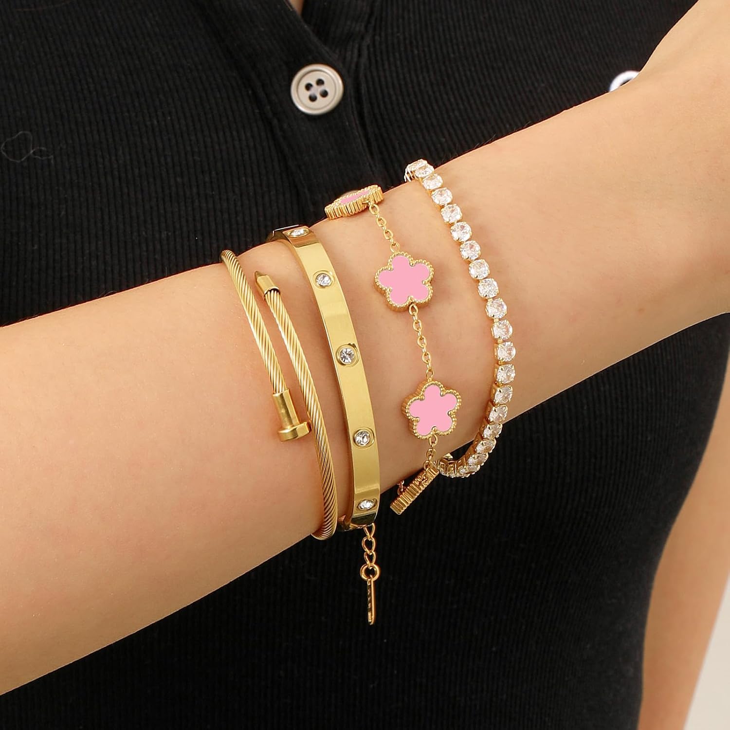 18K Gold Plated Womens Stackable Floral Bracelets Set,Twisted Cable Bangle,Trendy Jewelry,Waterproof adjustable bracelet,Christmas Birthday Gifts for Girlfriend or Mother. - Image 3