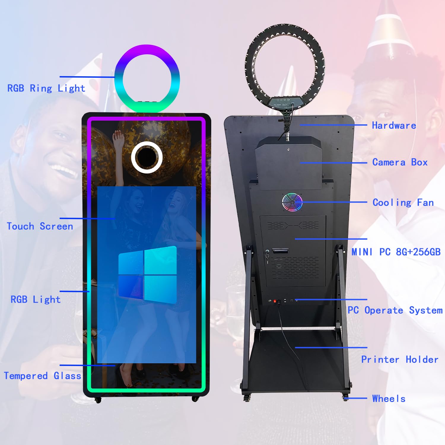 Magic Mirror Photo Booth 65inch Machine With 43inch Touch Screen Machine With Square Light And Flight Case For Events