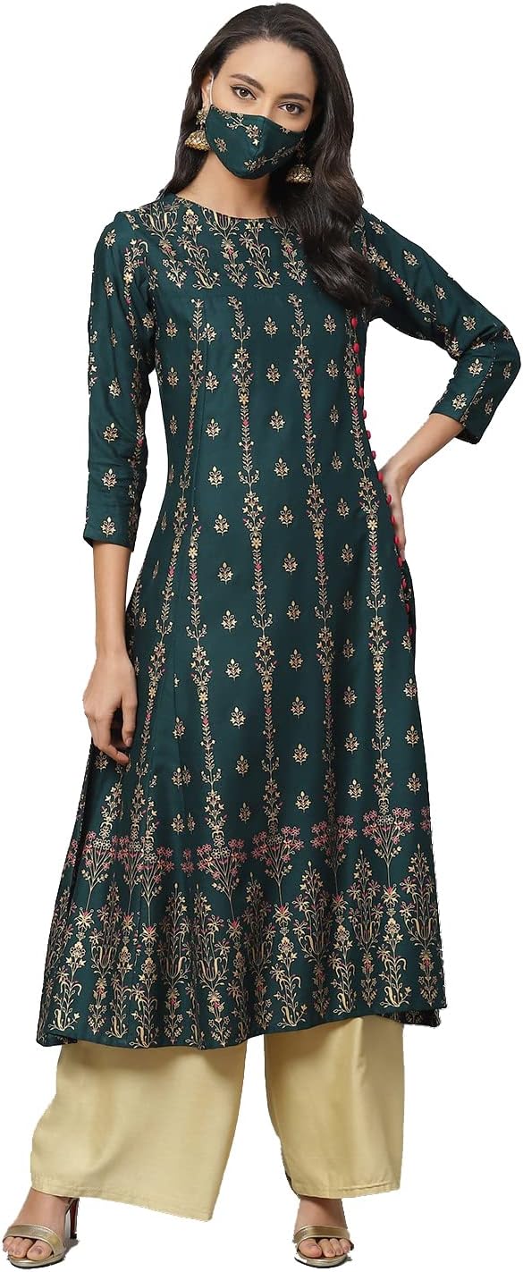 Yash Gallery Women's Rayon Leaf Print Round Neck Calf Length 3/4 Sleeve Anarkali Kurta Dresses For Summer