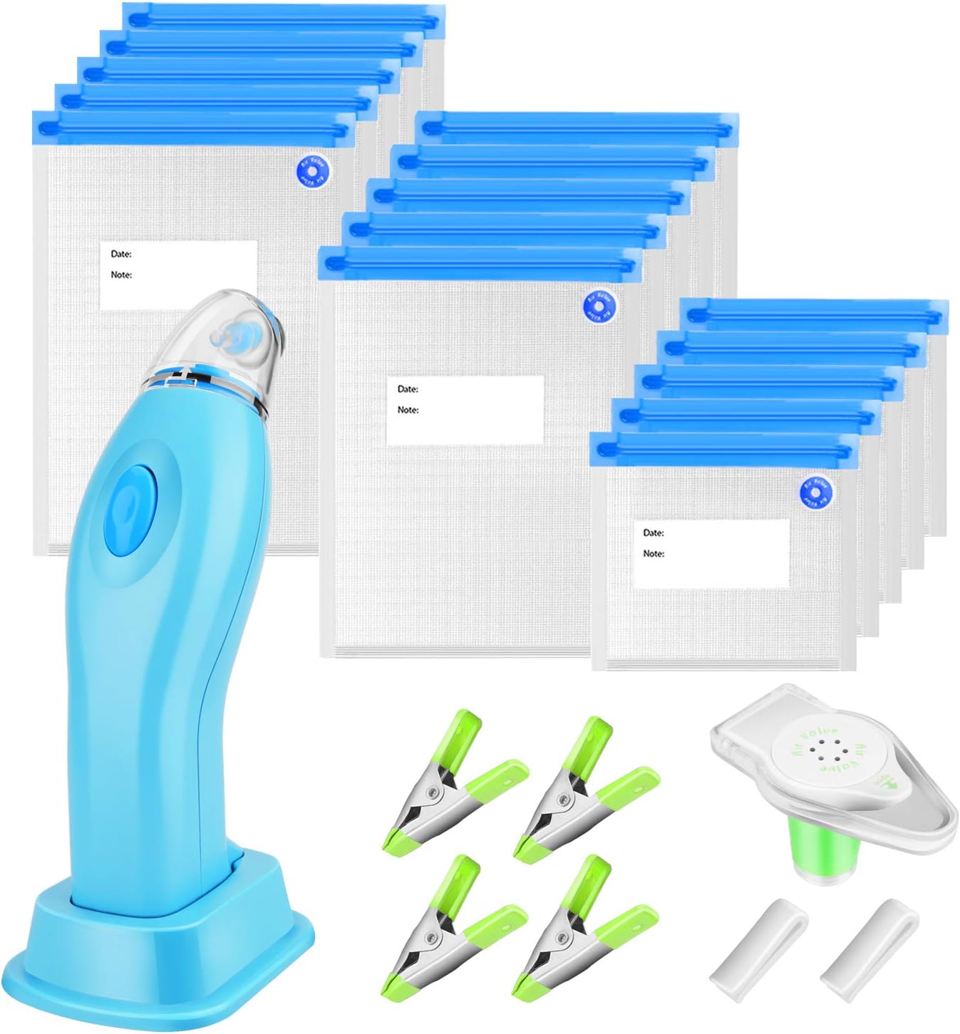 Handheld Vacuum Sealer, includes 15 Reusable Vacuum Sealer Bags, 1 Vacuum Wine Stopper, 2 Sealing Clips, 4 Sous Vide Clips for Food Storage, Keep Wine Fresh & Sous