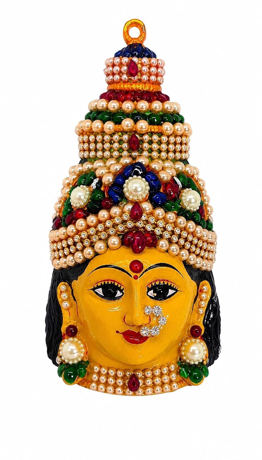 6.5 Inch Decorated Gowri Face for Varalakshmi Pooja | Handmade Pearl & Stone Work Gauri Face Idol for Temple & Festive Decoration-picture-28