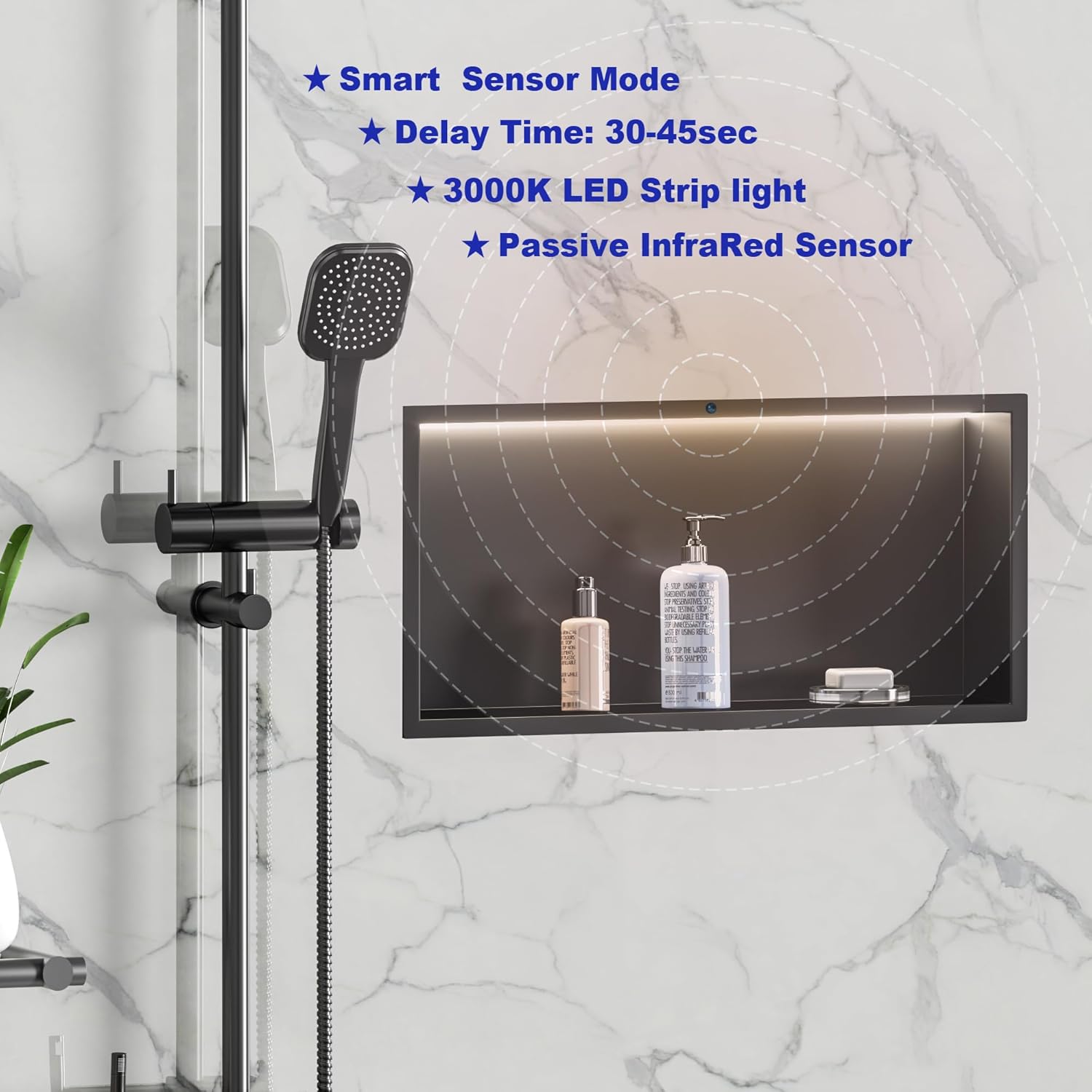 Smart Body Sensor Wall Niche, Black 24x12 3000K LED Recessed Shower Niche, Warm White 3000K Light Strip, Stainless Steel Bathroom Cabinet, NO Tile Needed for Shower wall