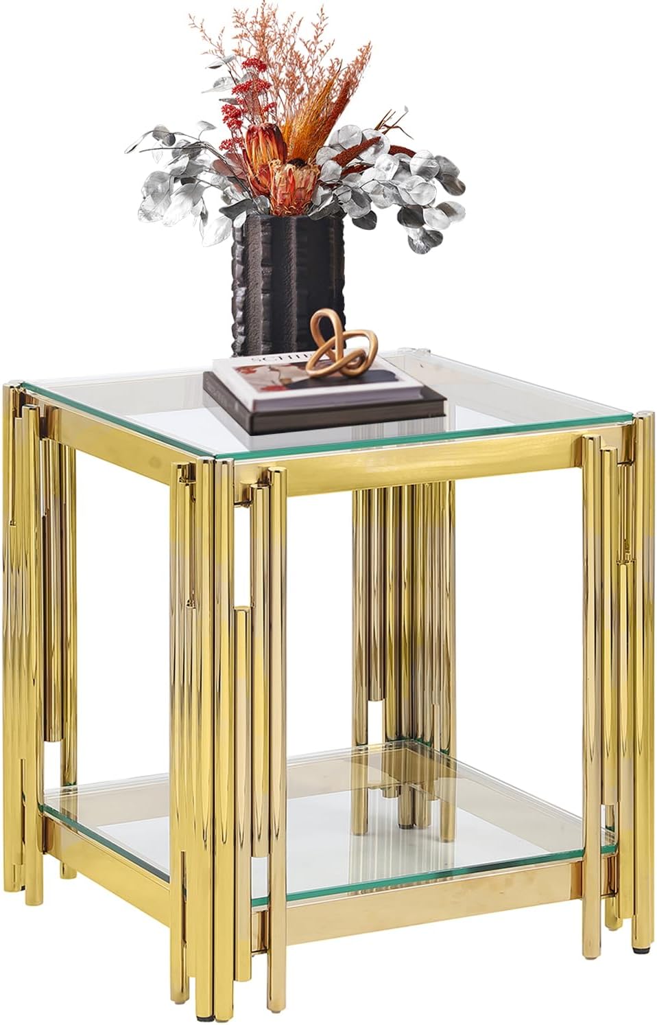 Maotifeys Small Glass End Table Gold Side Table, 2Tier