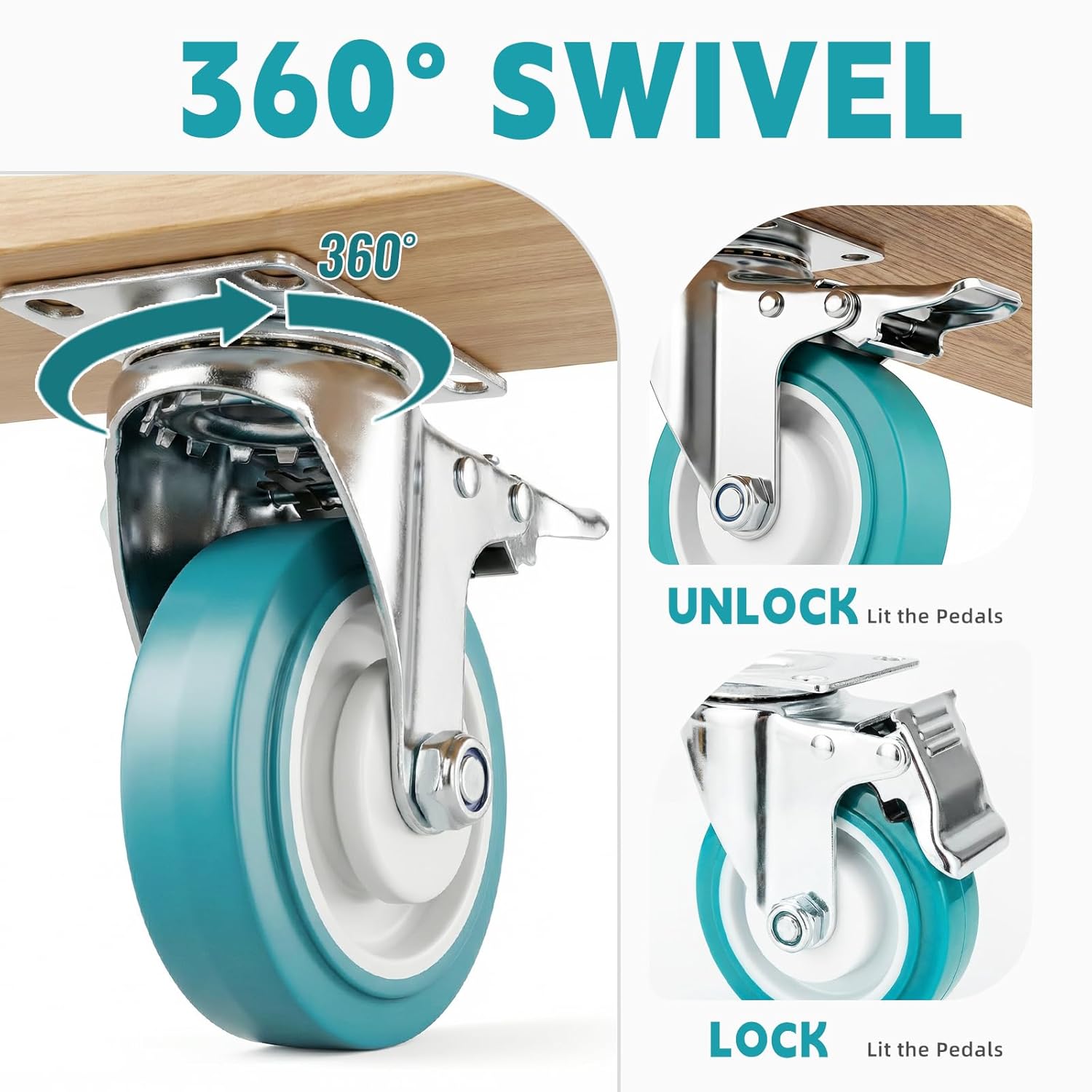 5 Inch Heavy Duty Casters Set of 4, 360° Swivel Wheels with Dual-Lock Safety Brake, 650 Lbs Per Caster, Green TPR Silent Rubber Wheels for Workbench, Trolley, Cabinet, with Mounting Hardware