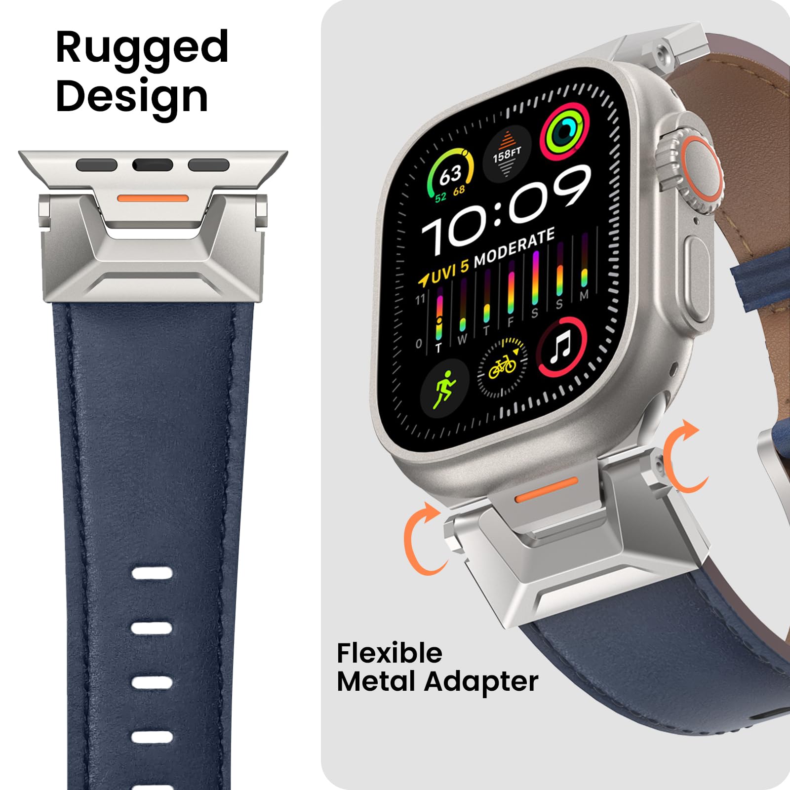 Bouixel Genuine Leather Strap Compatible for Apple Watch Ultra 3 Straps 49mm 46mm 45mm 44mm 42mm,Men Rugged Band with Metal Connector for iWatch Ultra Series 11 10 9 8 7 6 5 4 3 2 1 SE - Image 3