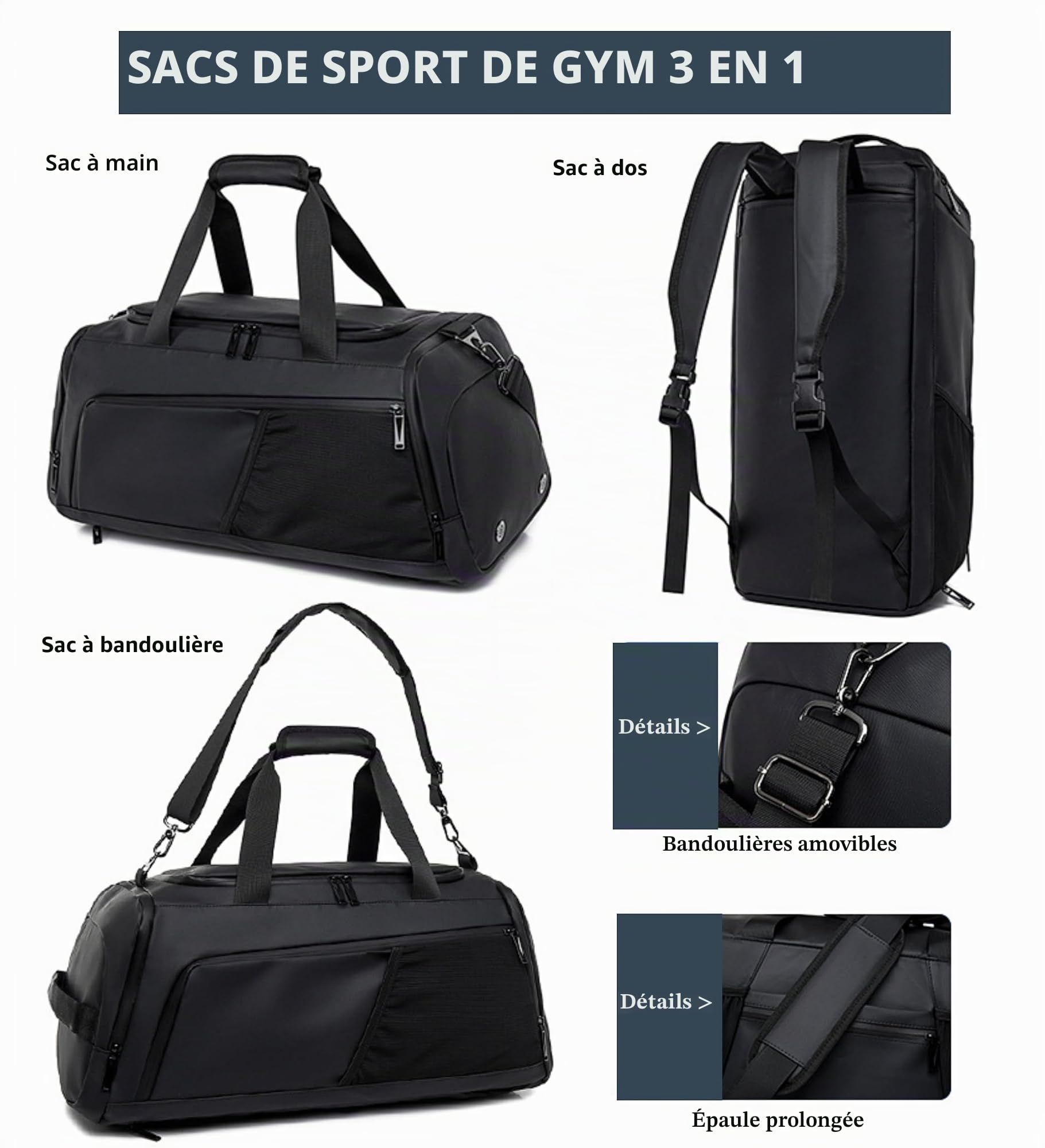 Sac de sport 3 en 1 pour homme avec compartiment à chaussures, sac de voyage avec bandoulière, sac à dos étanche pour voyage d'affaires
