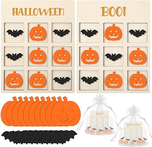 Hiboom 2 juegos de Halloween Tic Tac Toe juego de mesa de madera con 10 calabazas, 10 murciélagos, rompecabezas divertido para la familia, regalos