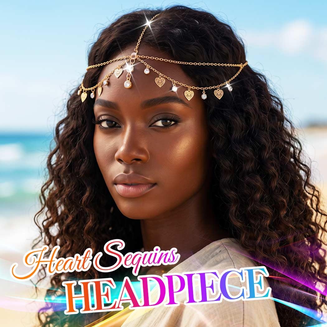 Catery Heart Sequins Head Chain Gold Rhinestone Headpiece Egyptian Accessories for Women