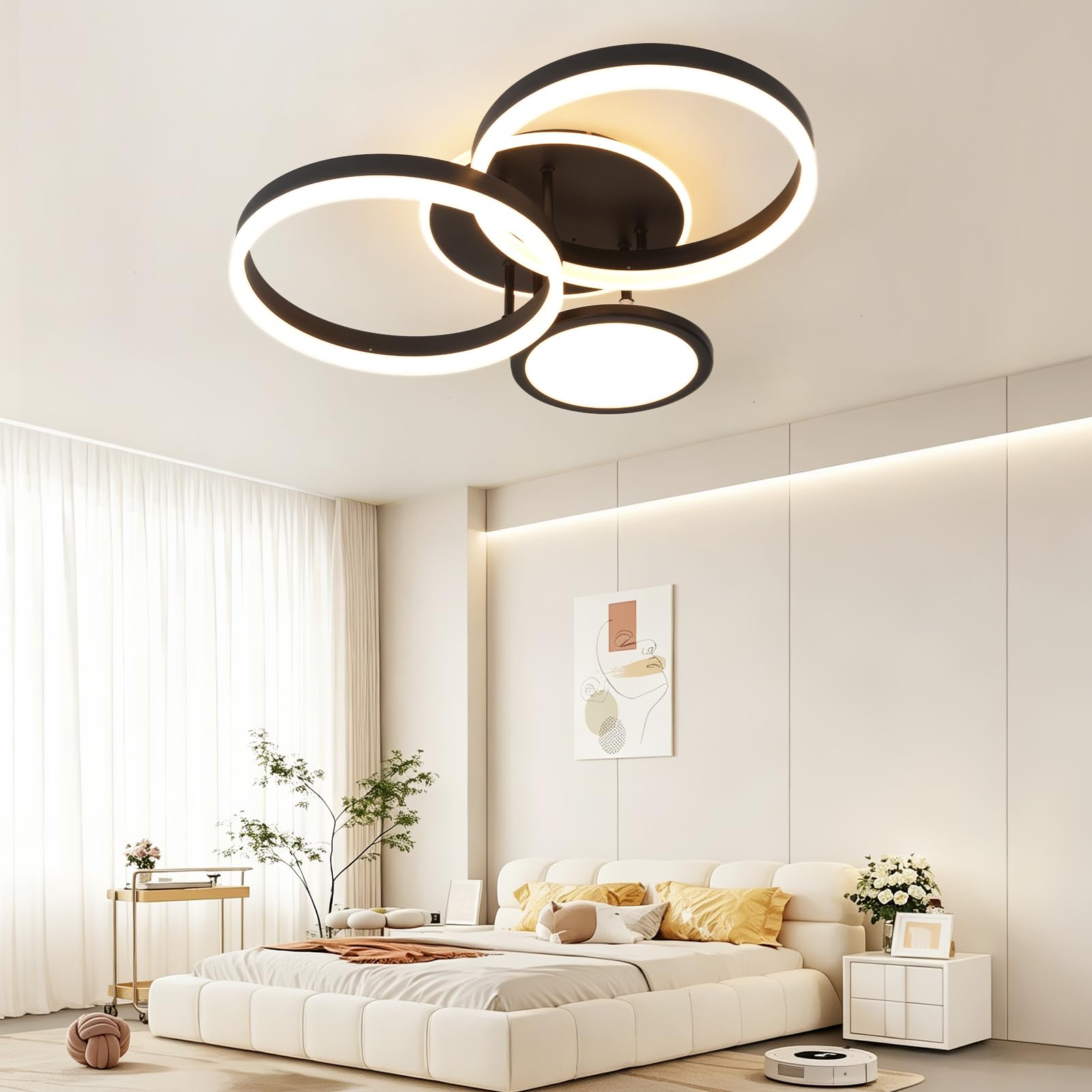 LED Deckenlampe Wohnzimmer 45W Dimmbar Deckenleuchte Schlafzimmer | 54CM 3771LM Moderne Fernbedienung Dimmbar Nachtlicht Memory-Funktion für Esszimmer Küche Schwarz 4-Ringe Design 3000-6500K