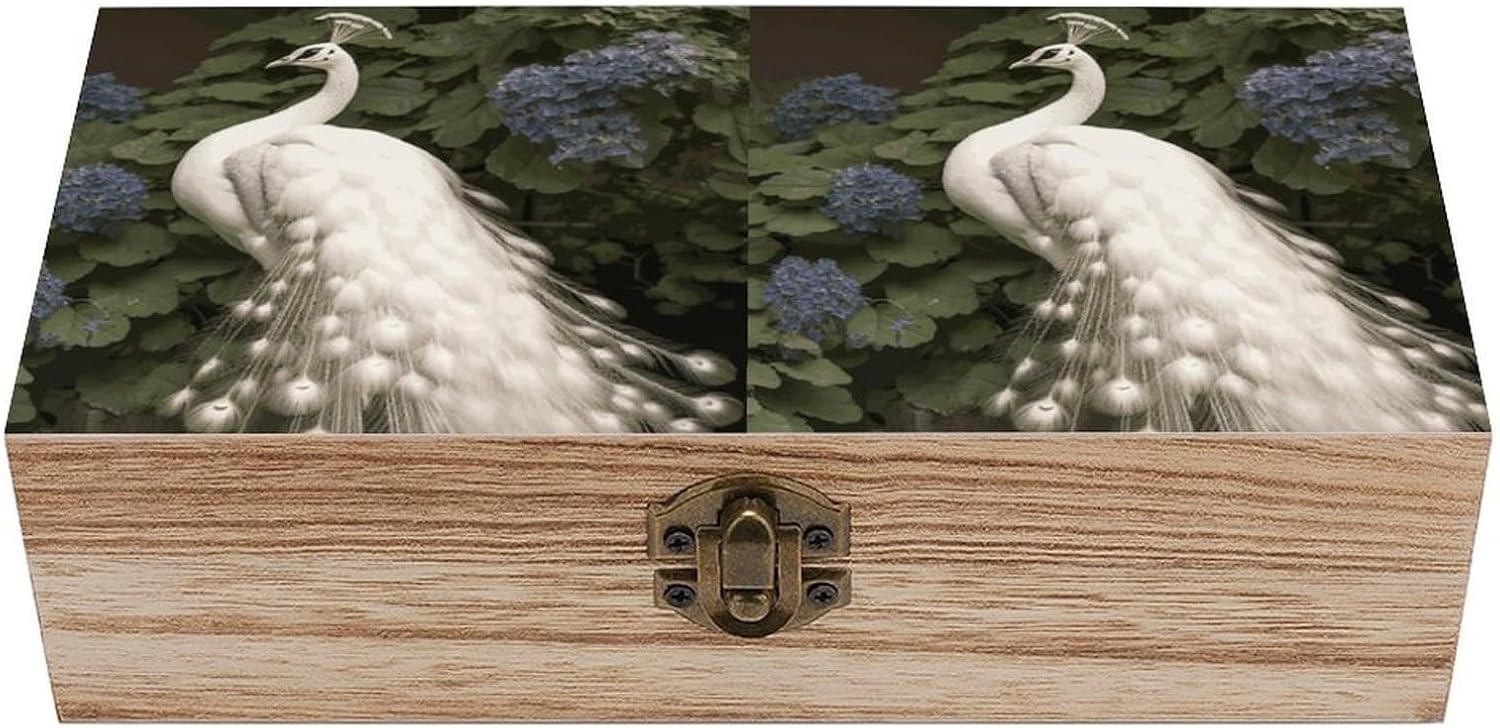 Wooden Treasure Chest Boxes for Keepsake Storage, Vintage Jewelry Box White Peacock Wood Storage Box, Memory Case for Crafts And Photo Storage, Supplies 7.9'' X 3.9'' X2.3''