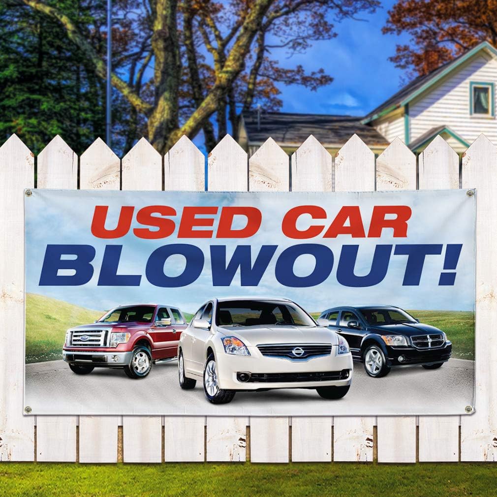Vinyl Banner Sign Used Car Blowout Auto Car Vehicle Style R Marketing Advertising - 24inx60in, 4 Grommets, One Banner