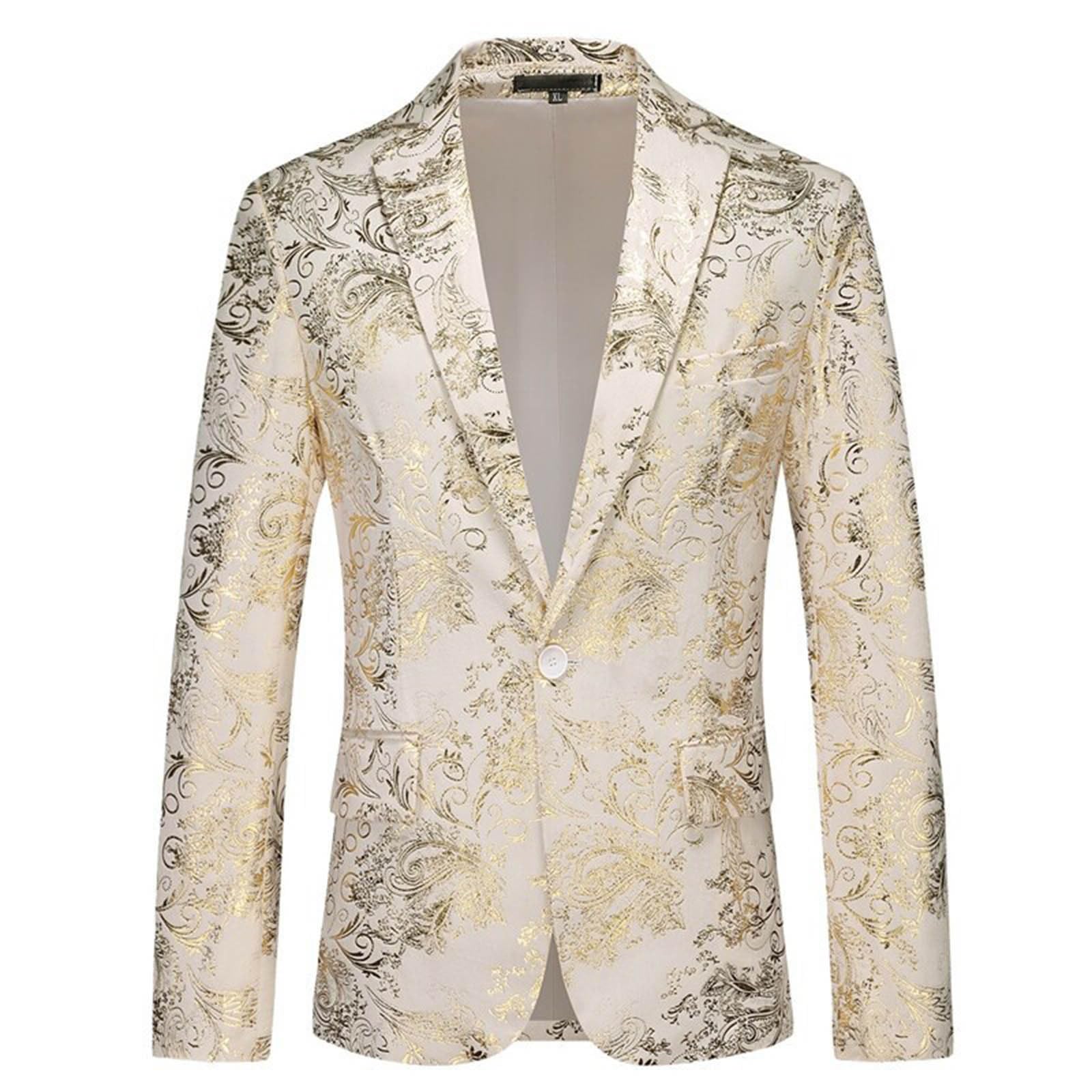 Generisch Pailletten Sakko Herren Gold Glitzer Blazer Slim Fit Hochzeit Mantel Langarm Mantel Anzug mit Blumenmuster Herrenjacke Performance-Kostüm für Hochzeit und Party Formelle Kleidung
