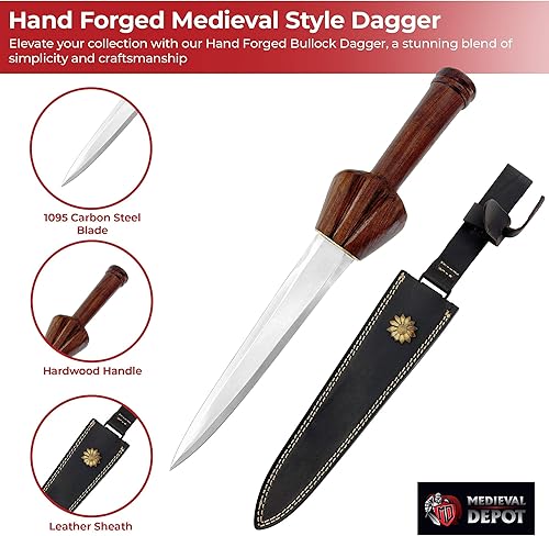 Miniatura 3 de MedievalDepot Daga de buey medieval forjada a mano  Acero de alto carbono 1095  Funda de cuero  Réplica histórica  Fantasía Prop