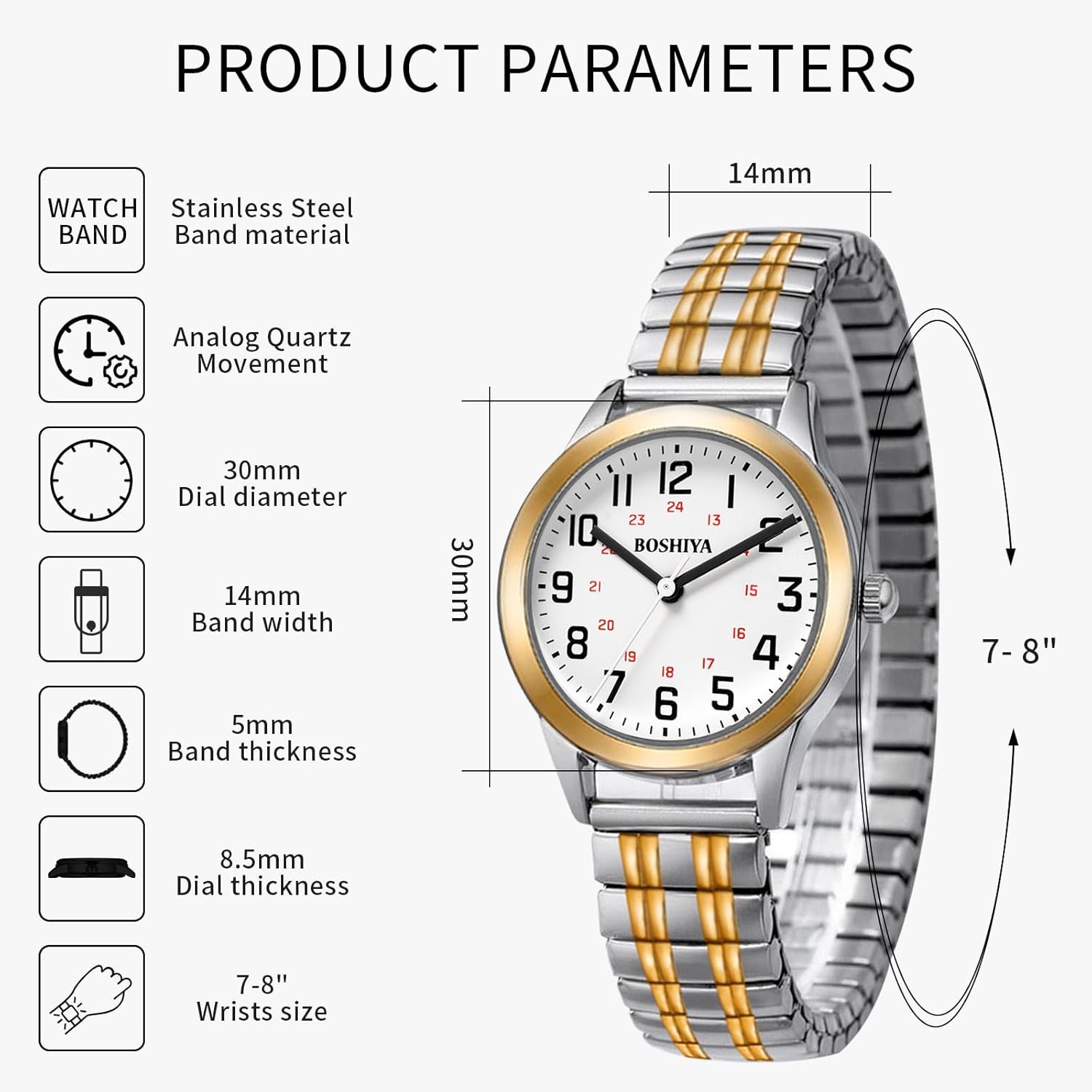 BOSHIYA Women's Watches Stainless Steel Stretch Band Two Tone Gold Silver, Analog Quartz Waterproof Casual Simple Expansion Band Wristwatch for Women Ladies - Image 2