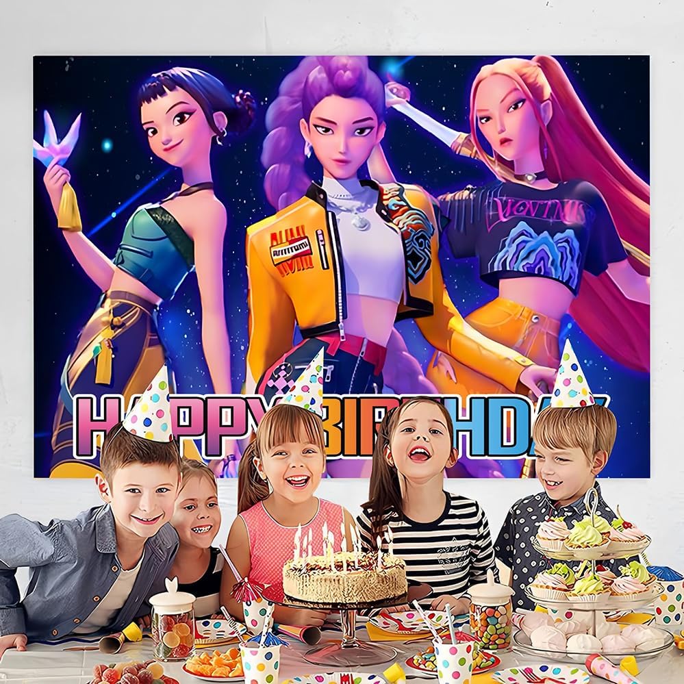 demon movie hunters birthday decorations,demon movie hunters happy birthday banner backdrop for kids birthday party supplies 60 * 40 inches