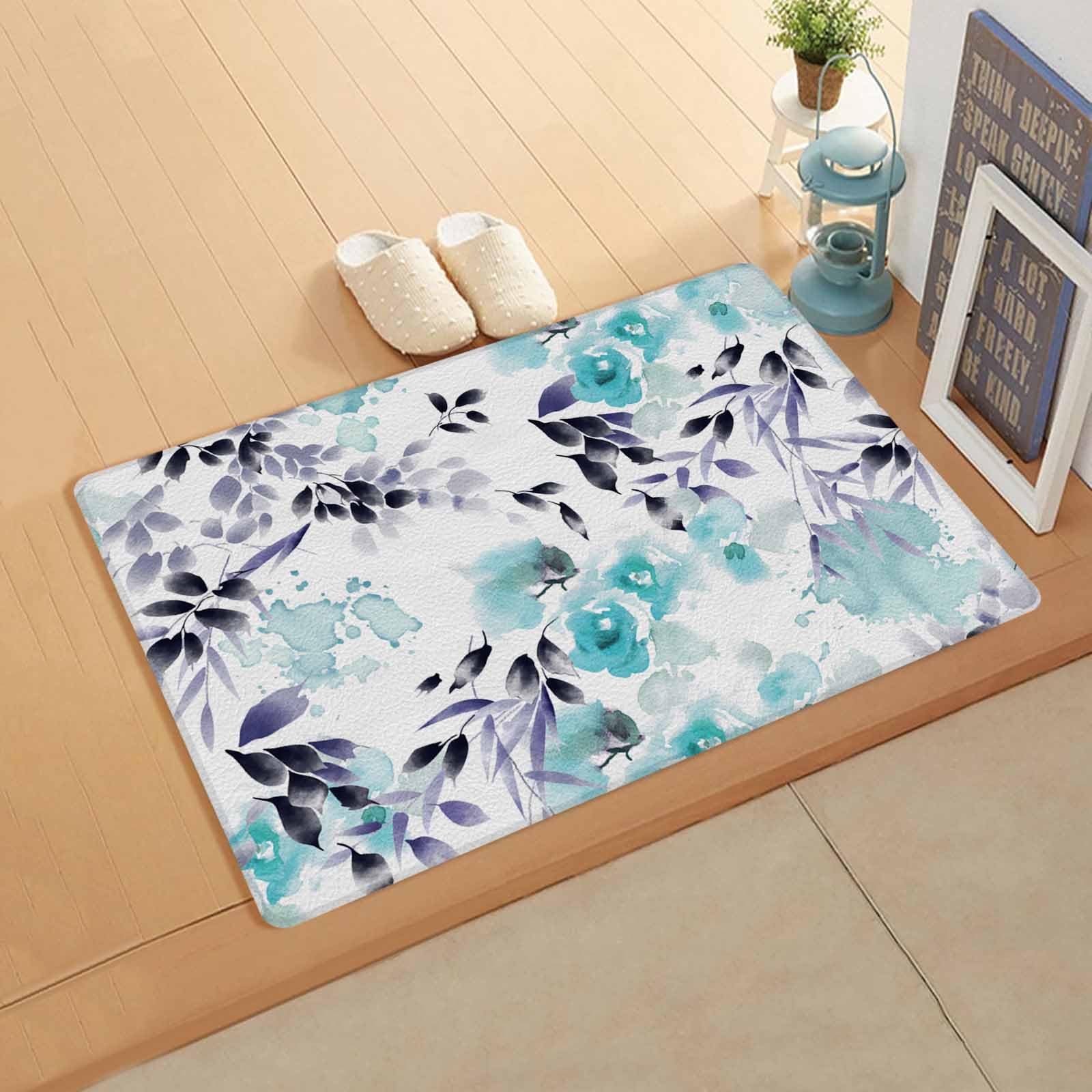 Boho Floral Kitchen Bath Door Mat Cushioned Runner Rug,Washable Welcome Floor Sink Antifatigue Mat,Waterproof & Non-Slip Comfort Standing Doormat,Modern Abstract Blue Spring Garden Herbs 18